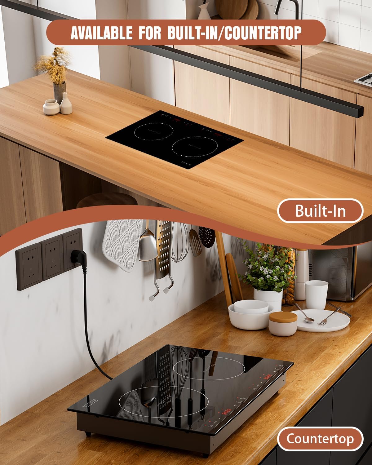 Empava IDC12B2 Horizontal Electric Stove Induction Cooktop with 2 Burners in Black Vitro Ceramic Smooth Surface Glass 120V, 12 Inch