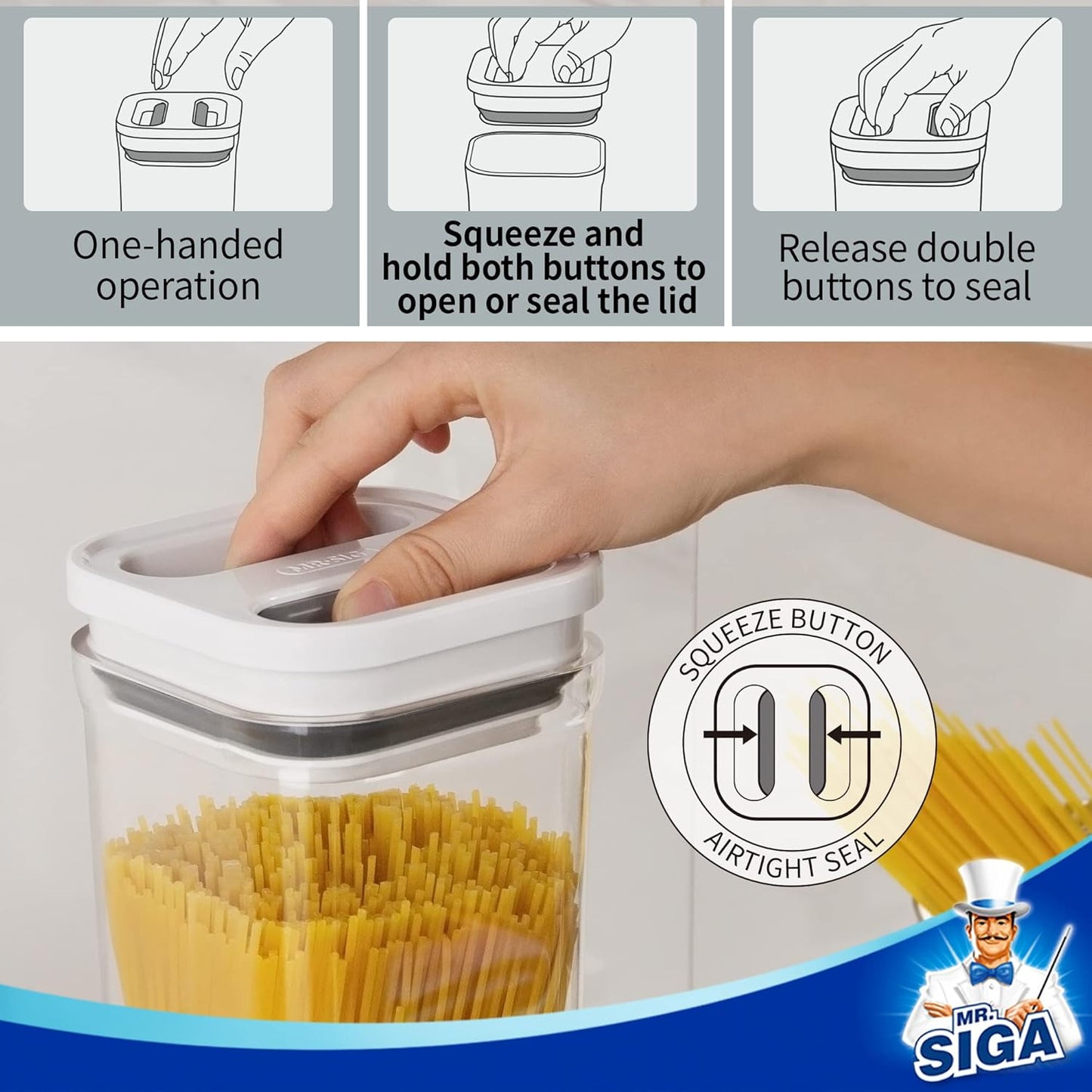 MR.SIGA 2 Pack Airtight Food Storage Container Set, BPA Free Kitchen Pantry Organization Canisters, One-handed Airtight Cereal Spaghetti Storage Containers, 2.1 L / 72oz, White