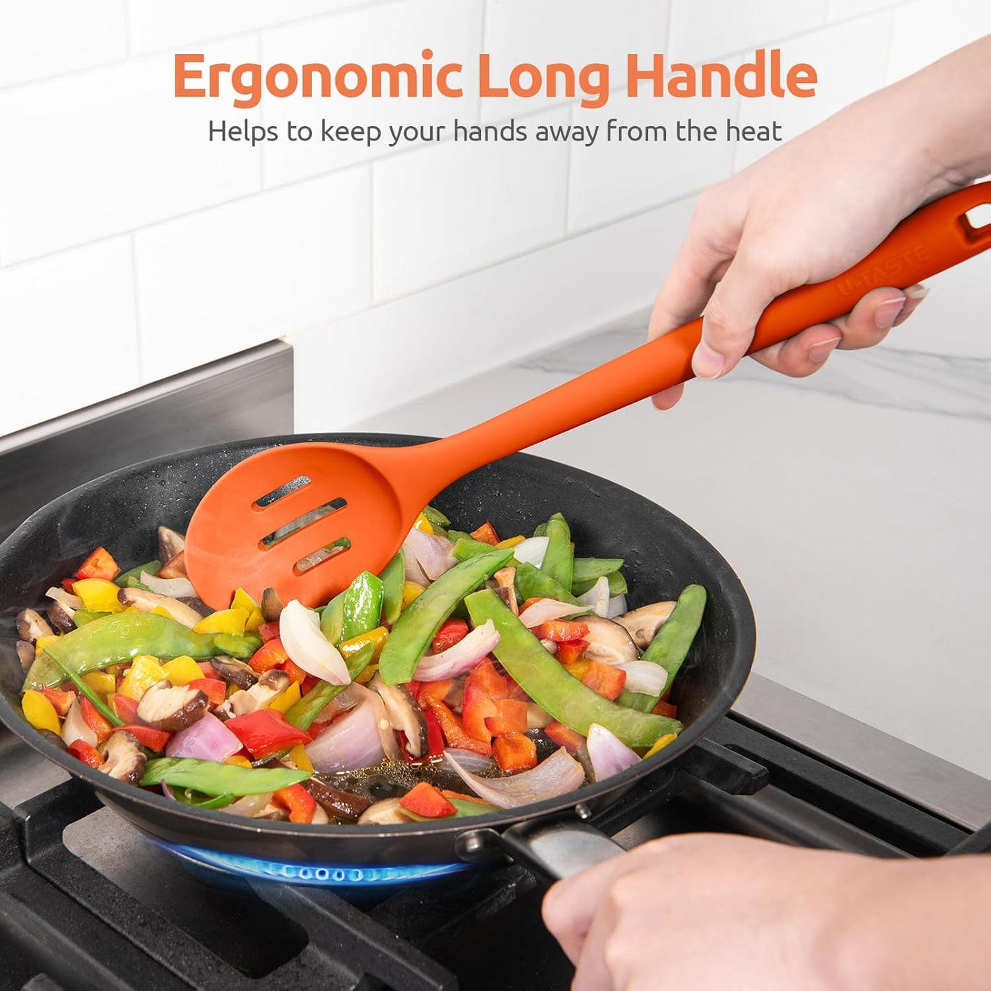 600ºF Heat Resistant Slotted Spoon: U-Taste 13.3in Solid Kitchen Cooking Spoon, Nonstick Food Grade Large & Long Rubber Utensil for Mixing, Serving, Stirring, Basting, Frying, Draining (Orange)