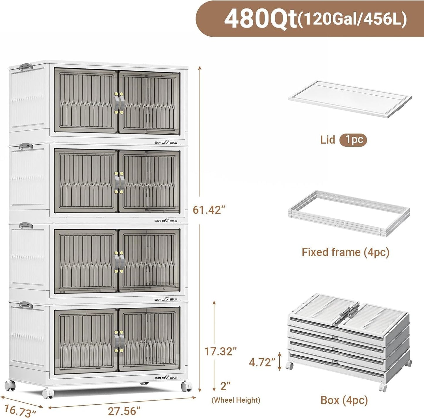 480Qt Stackable Storage Bins with Lid, Extra Large Closet Organizer Collapsible Drawer Boxes with Wheels, Folding Plastic Cabinet Containers for Home Kitchen Room Organization, 4Pack White