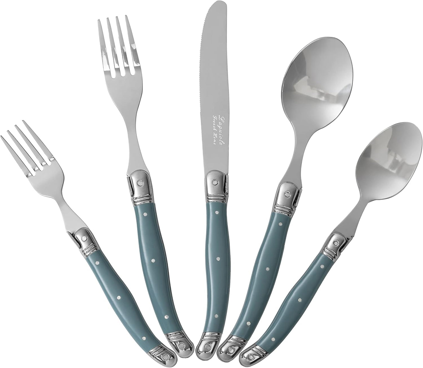 French Home Laguiole 20 Piece Flatware Set – Stainless Steel Flatware Set for 4 – Luxurious Aegean Teal Utensil Set with Knives, Spoons and Forks
