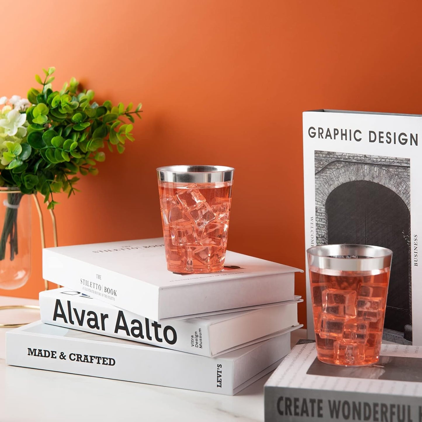 I00000 200pcs Silver Disposable Plastic Cups 10 oz Clear Old Fashioned Tumblers With Silver Rim - Fancy Wedding Party Cups, Elegant Wine Glasses, Cocktail Tumblers