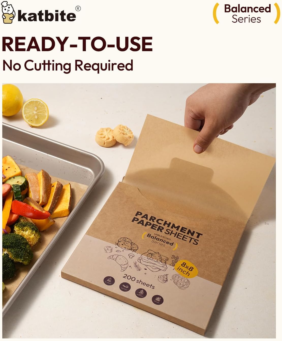 Katbite 200 Pcs Parchment Paper, 8 x 8 Inch Unbleached Baking Paper, Oil Resistant & Easy Clean, Non-Stick Precut Parchment Paper Sheets for Baking Square, Cooking, Air Fryer [Balance Series]