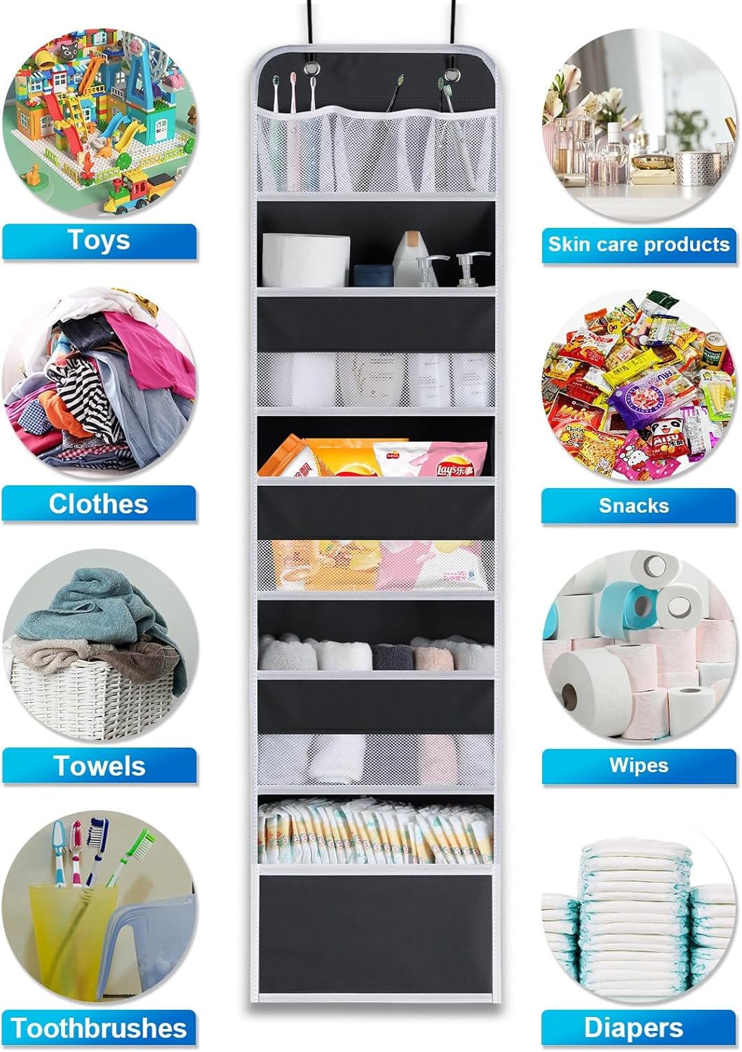 2 Pack Over The Door Organizer, Hanging Storage Organization with Large Capacity Pockets, Swing-Proof Behind Door Storage Shelf for Kicthen Bedroom Nursery Kids Toys Shoes,Black