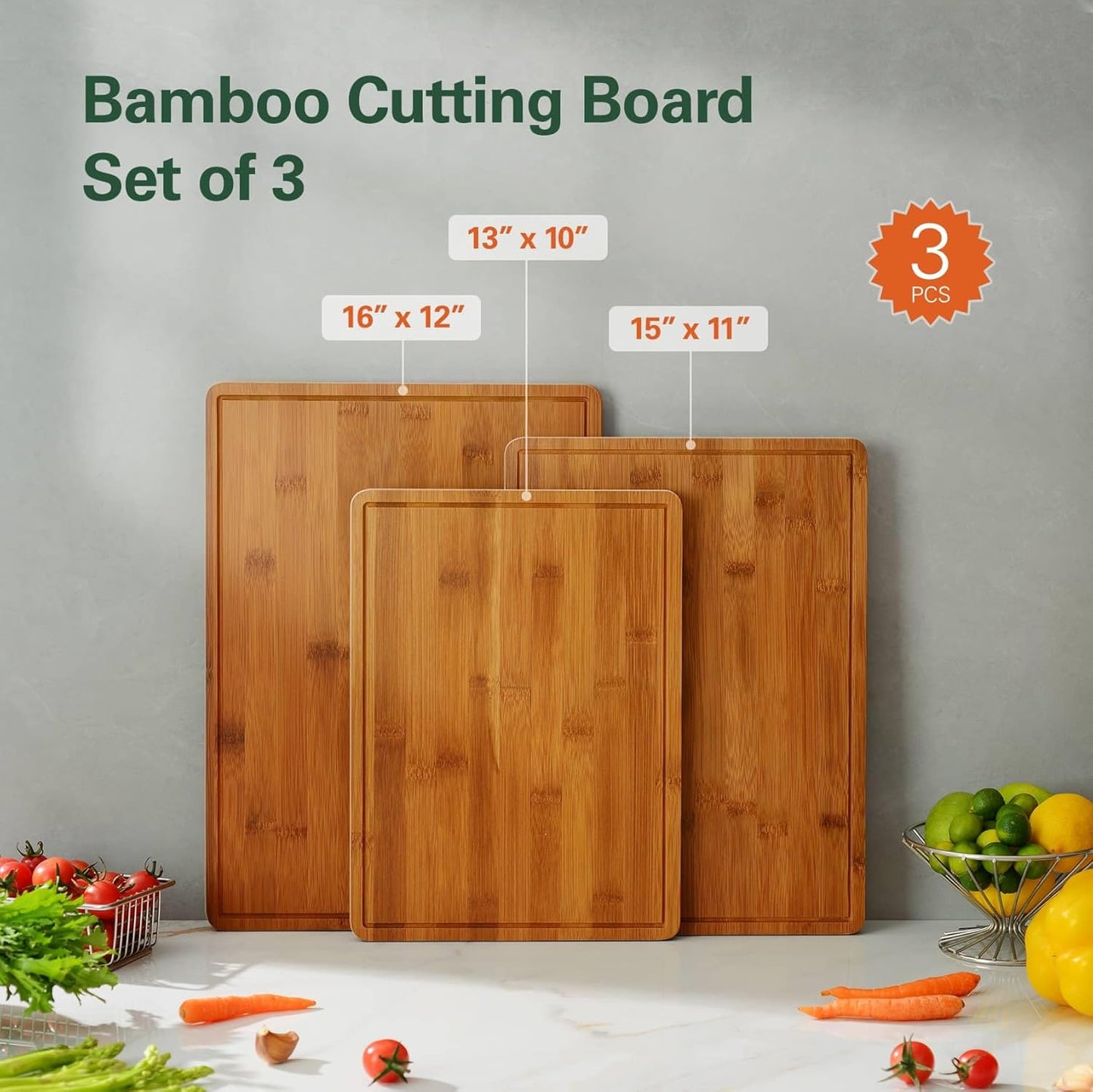 Bamboo Cutting Boards for Kitchen, Large Wood Cutting Board Set with Juice Grooves and Handles, Multi-Size Charcuterie Boards for Meat Vegetables Fruits, Great for Meal Prep, Serving & Gifting
