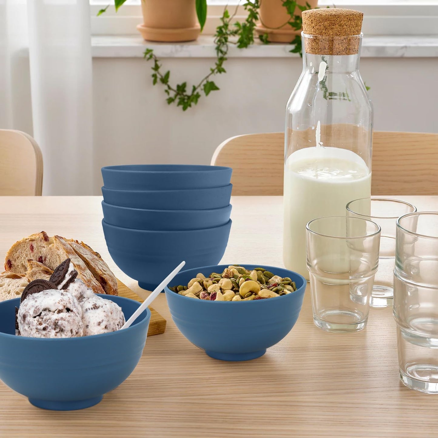 wheat straw dessert bowls 10oz set of 8 - Unbreakable snack Bowls Dishwasher Safe - Handy Bowls for Ice Cream,Yogurt and Fruits. Blue
