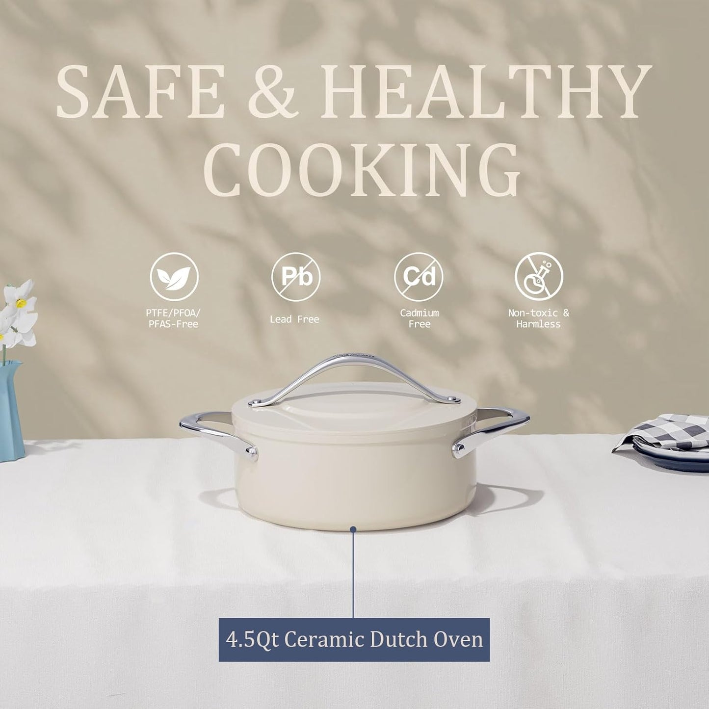 Stock Pot 4.5qt Dutch Oven with Lid (9.5") Nonstick Ceramic Coated Non-Toxic PFAS-Free Even Heat Distribution for Braising, Baking Bread & Soups, Compatible for All Cooktops(Induction/Gas/Electric) Oven Safe to 500°F (Cream)