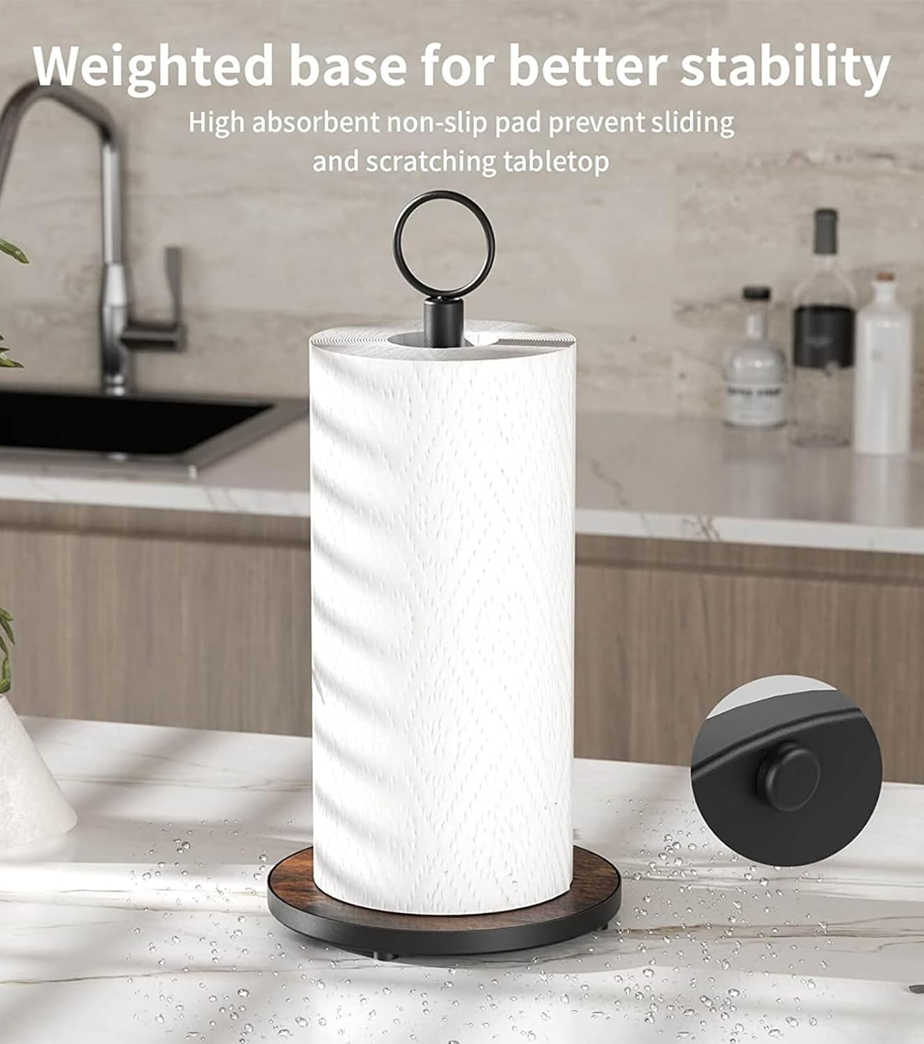 OROPY Paper Towel Holder Countertop with Heavy Duty Wood Base, Farmhouse Paper Towel Roll Stand for Kitchen Counter fits Standard and Jumbo Size Paper Towels (Brown)