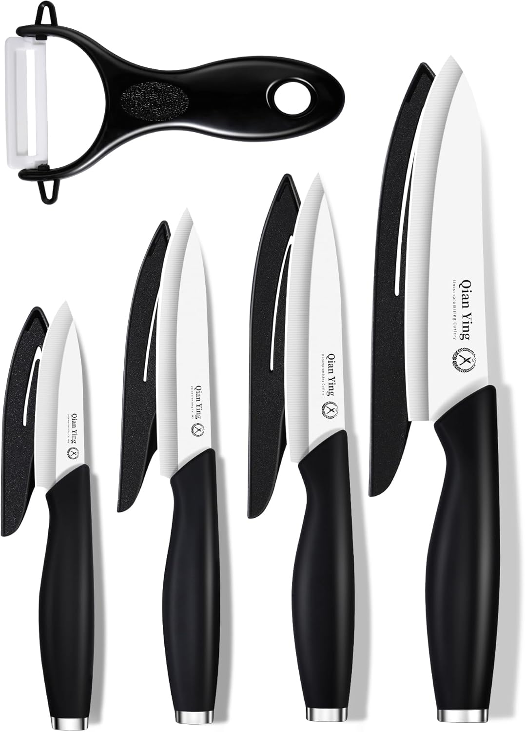 Ceramic Knife Set for Kitchen with Sheath: 100% Zirconia Pure Ceramic Sharp Blade Fruit Cutting Knives 9Pcs with Cover Rustproof Clean Cut Edge Black Handle, No Scratches on Titanium Cutting Boards