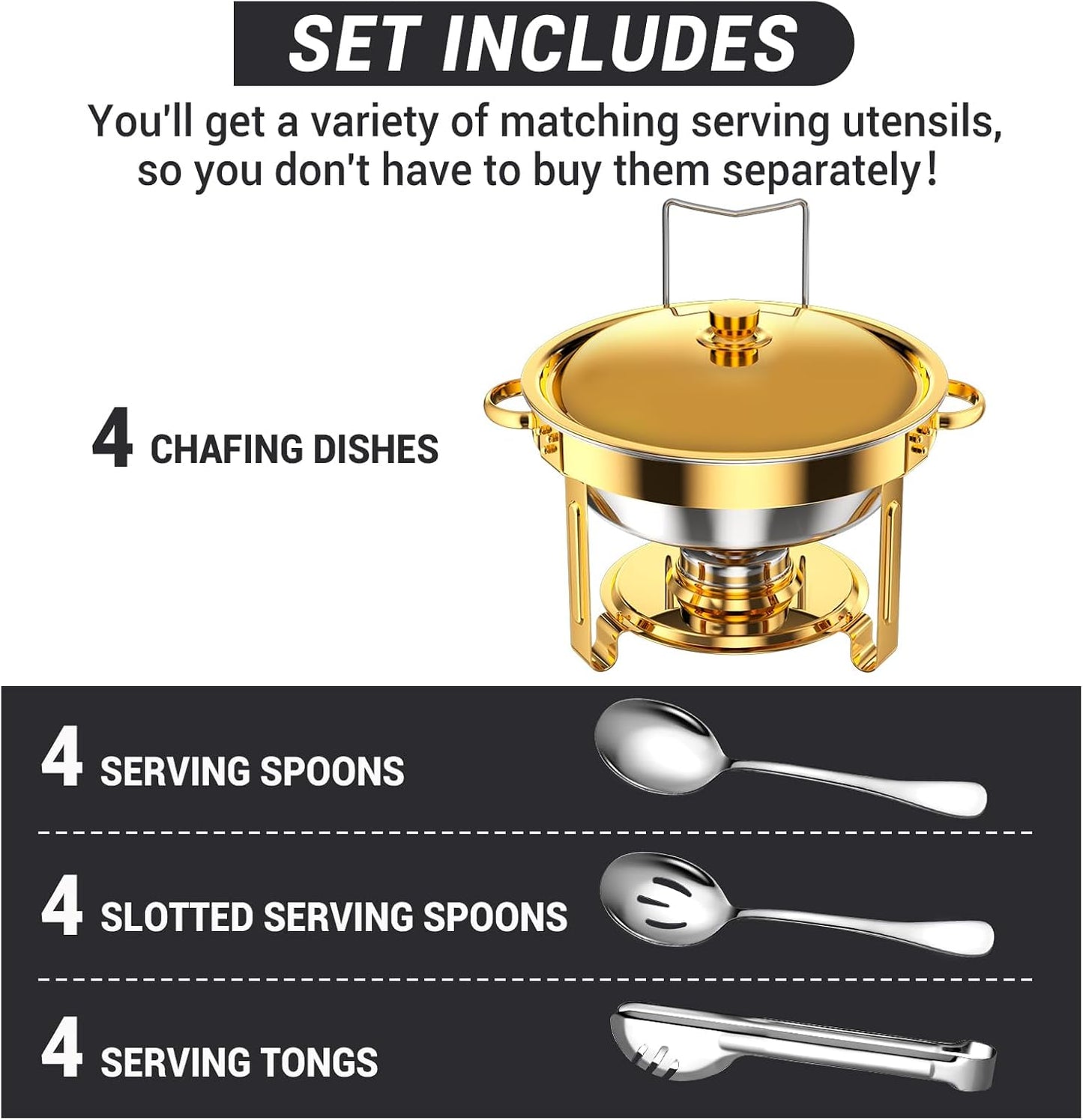 Round Chafing Dishes for Buffet 5 Qt,High Grade Chafing Dish Buffet Set with Stainless Steel Lid & Lid Holder,Full Size Pan,Food Warmers for Parties,Buffet,Wedding, Birthday 4 Pack (Gold)