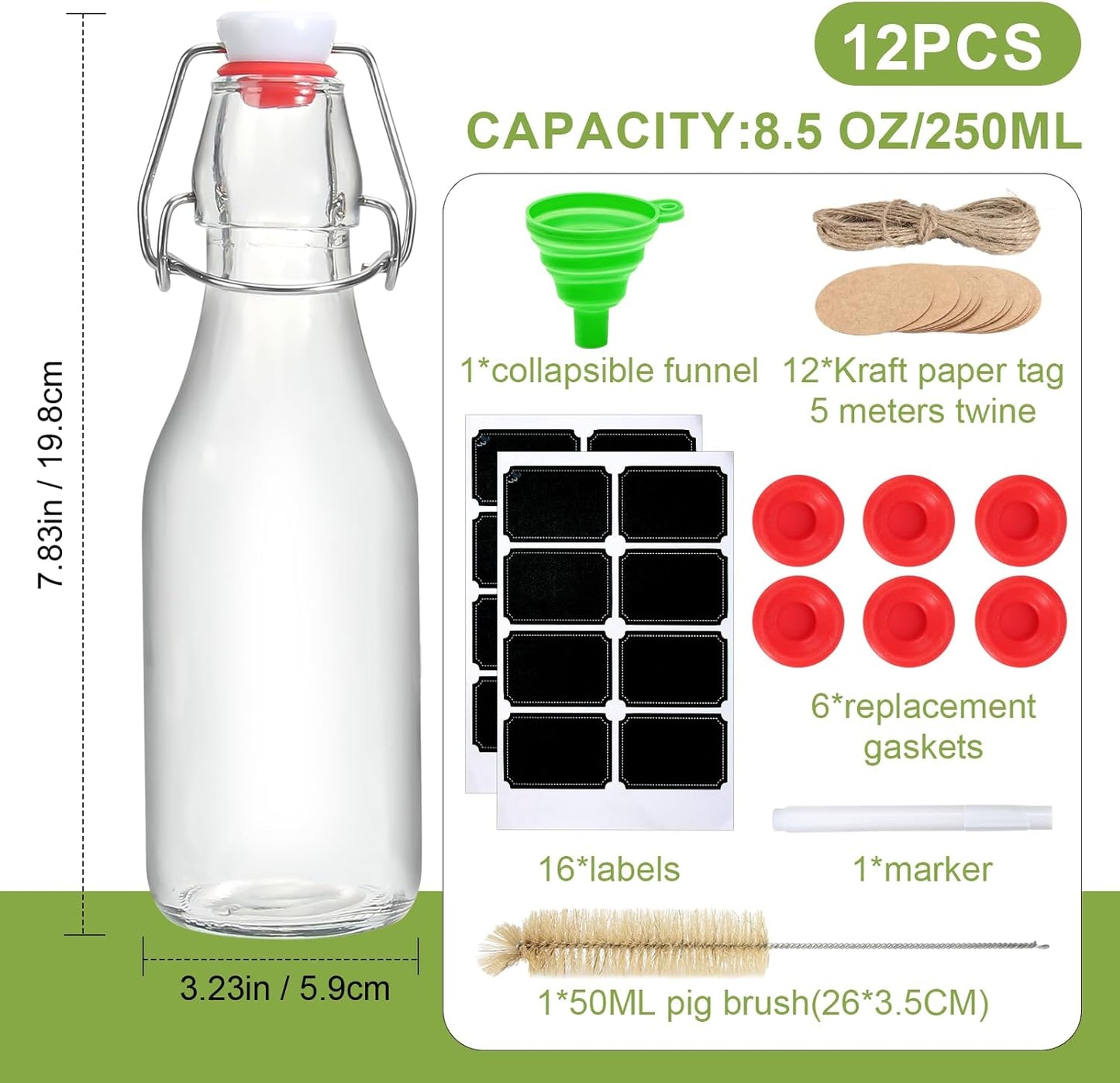 Ruckae 12 Pack 8.5 OZ Swing Top Glass Bottles with Lids Kombucha Coquito Flip Top Glass Bottle for Syrup Vanilla Extract Brew Beer Kefir Air Tight Bottles for Gift (8.5 oz 12 pack)