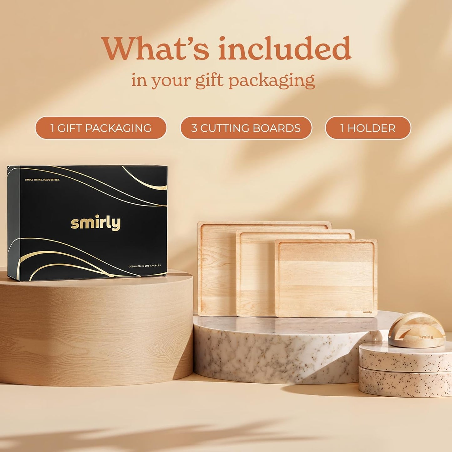 SMIRLY Wood Cutting Boards for Kitchen Wooden Chopping Board Set Reversible with Deep Juice Grooves Grip Handles, Large Charcuterie Tray for Home Kitchen, Natural Birch, 3Pcs with Holder