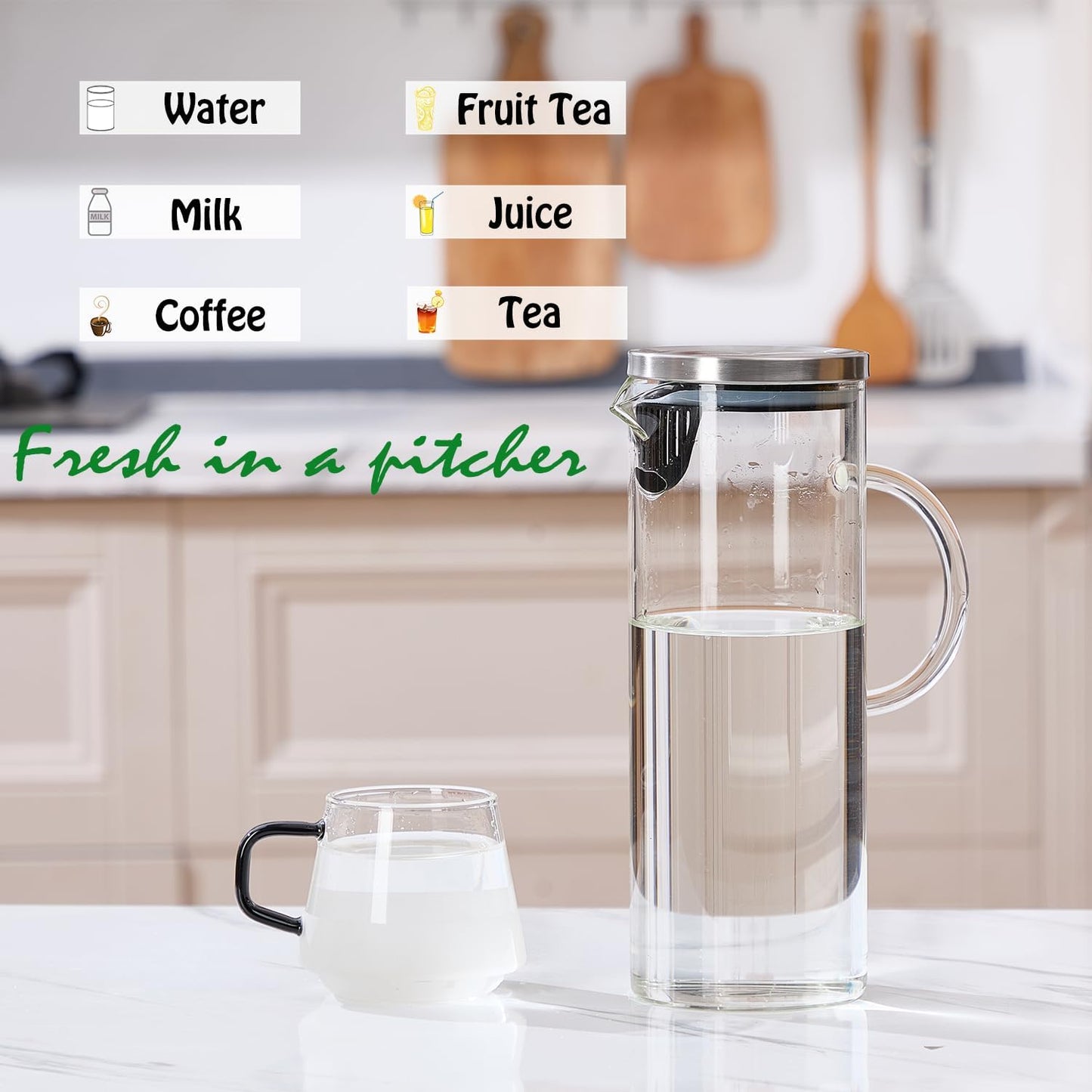 Karafu Pitcher, Glass Pitcher with Handle and Lid, 50 Oz Handmade Water Jug for Hot/Cold Water, Ice Lemon Tea and Juice Beverage