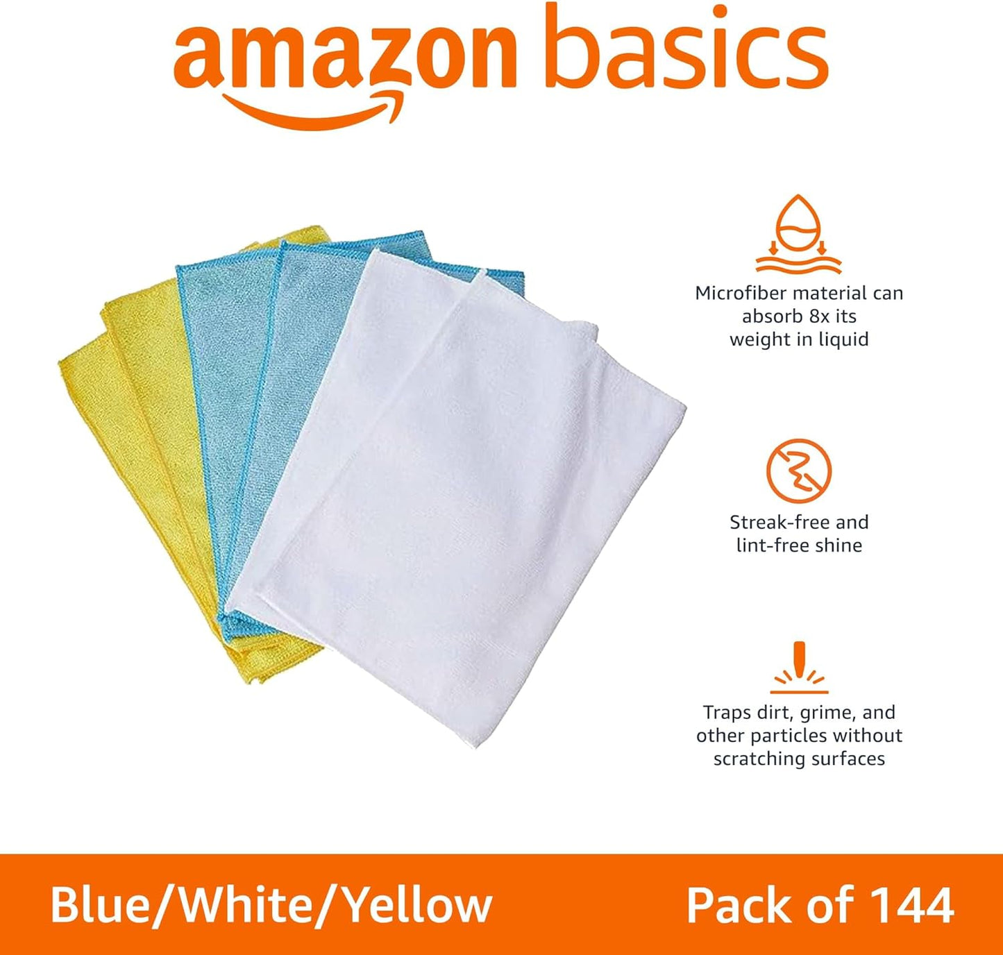 Amazon Basics Microfiber Cleaning Cloths for Cars, Non-Abrasive, Highly Absorbent, Lint and Scratch-Free, Reusable and Washable, 16" x 12", Blue/White/Yellow, 144-Pack