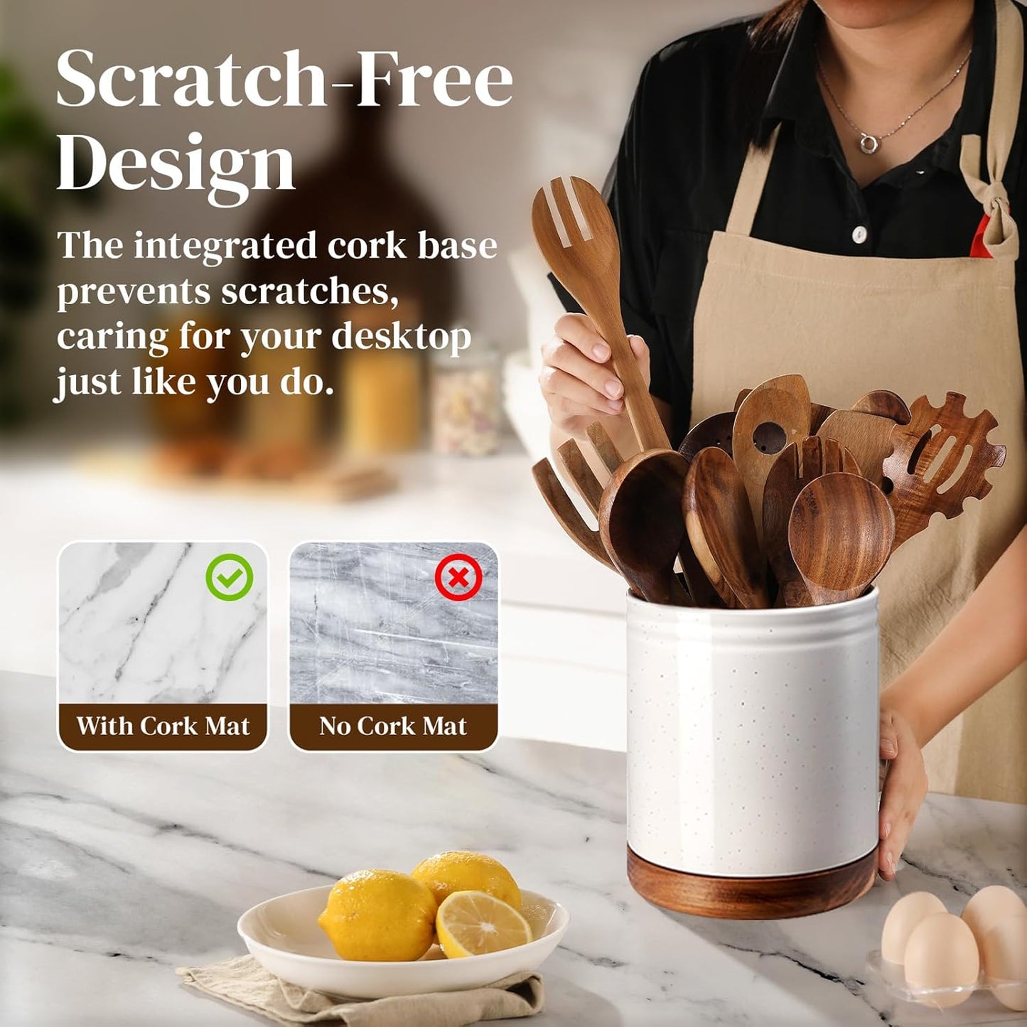 DOWAN 7.6" 360° Rotating Utensil Holder, Kitchen Utensil Holder for Countertop,Large Ceramic Utensil Crock for Kitchen Decor, Protection Cork Bottom, Speck White