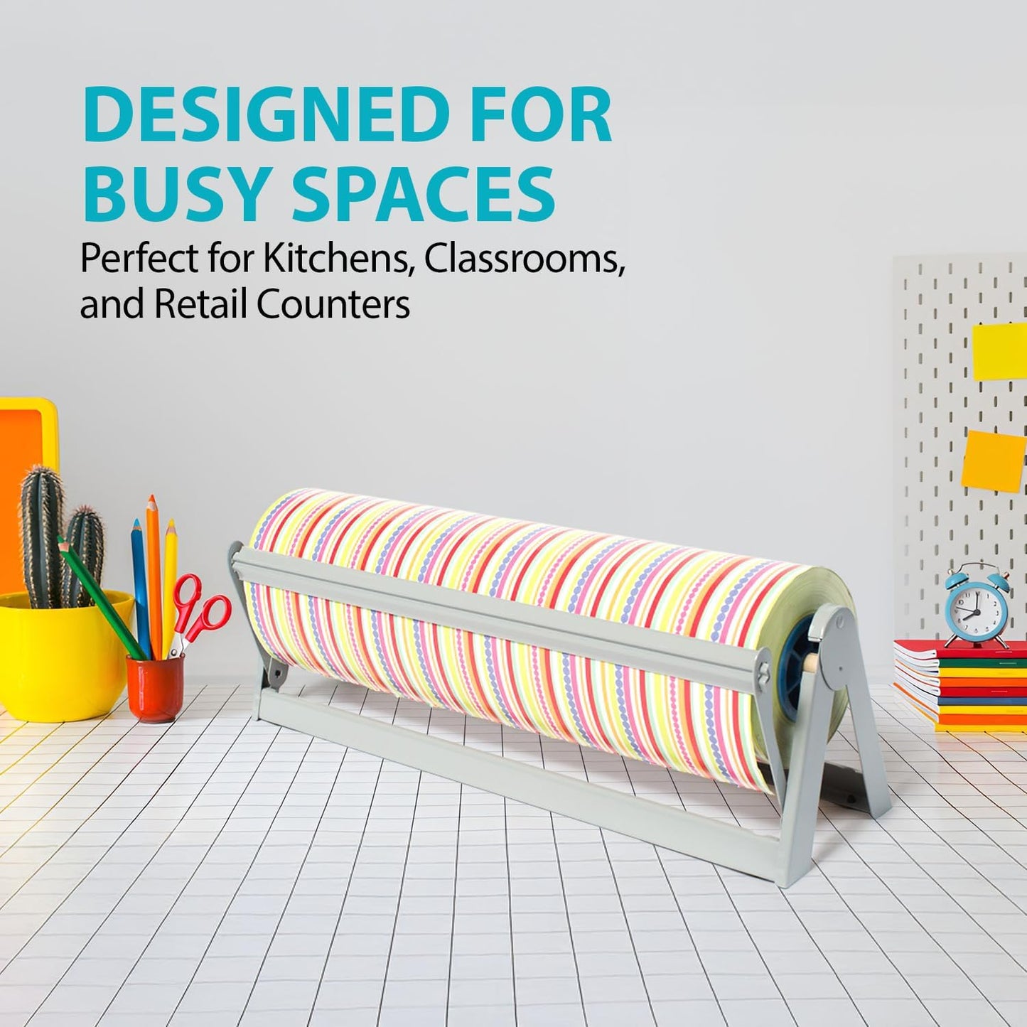 24" Wide Roll Paper Dispenser with Cutter for Desktop – Roll Dispenser with Straight Edge Cutter – Fits Craft, Freezer, Wrapping, Butcher Paper Roll or Cling Film – Heavy-Duty, Grey