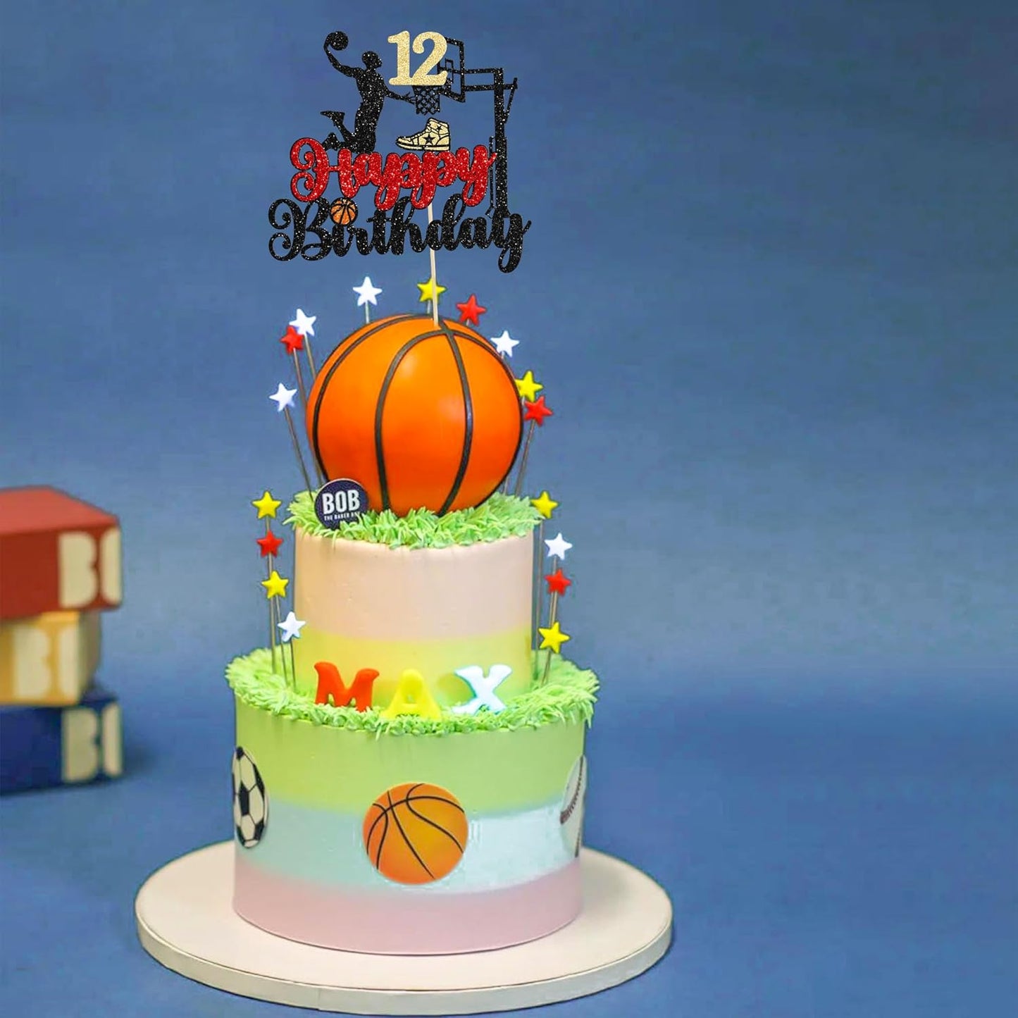 1Pc Happy 12th Birthday Basketball Cake Topper Glitter Basketball Sports Cake Pick Cheers to 12 Years Birthday Cake Decoration for 12th Sports Party Supplies Black
