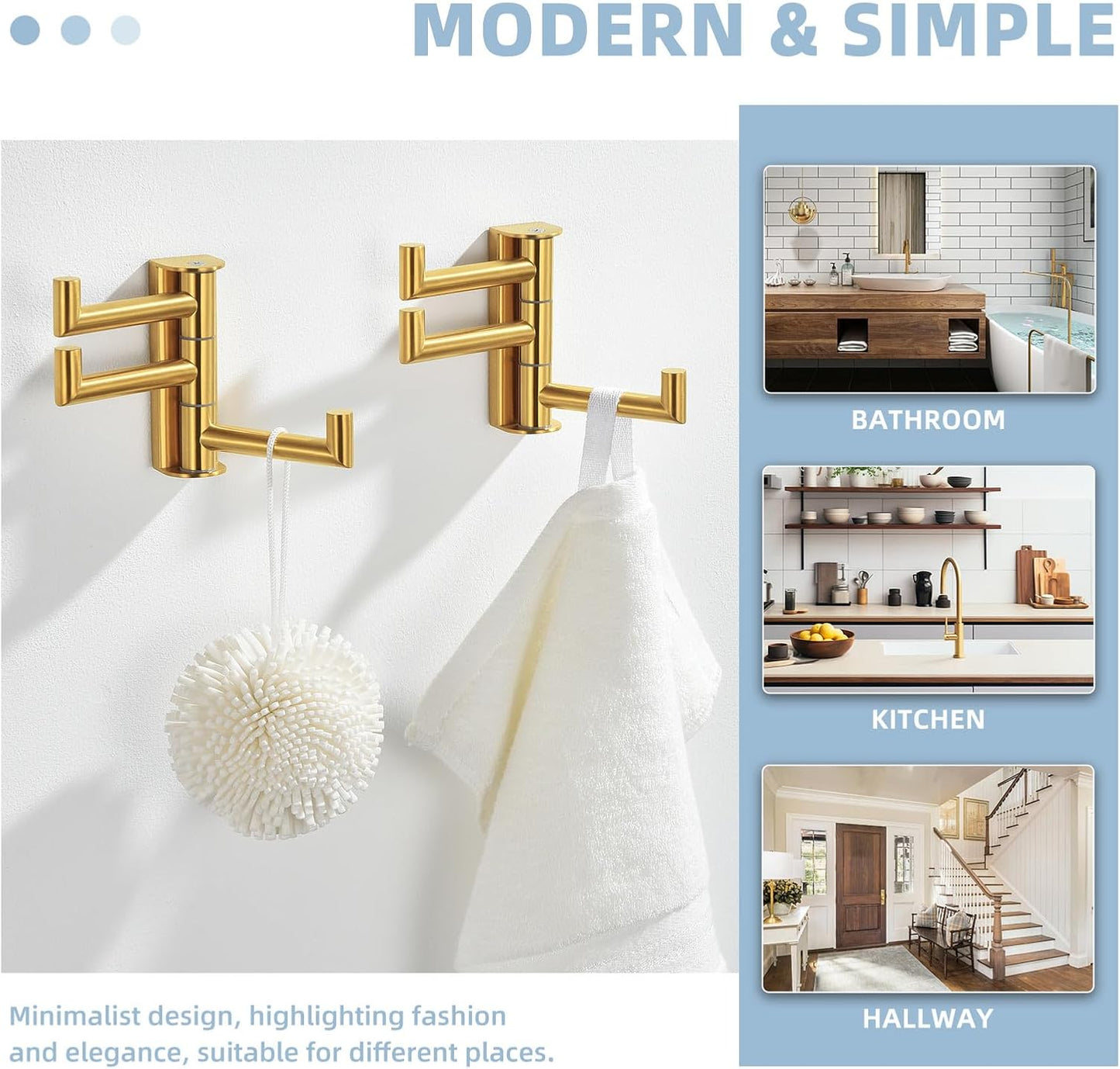 Suyar Bathroom Towel Hook Brushed Gold, SUS 304 Stainless Steel Swivel Coat Robe Holder 3 Foldable Arms, Rotating Wall Hook, 2 Pack