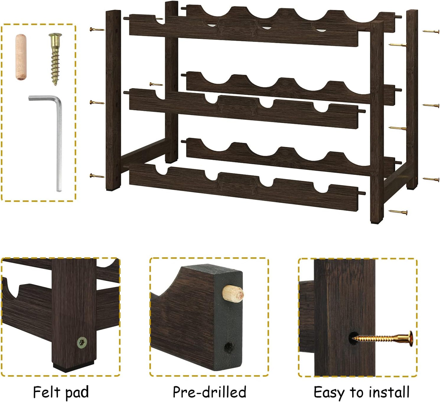 BAMEOS Bamboo Wine Rack Storage, 3 Tier Wine Racks Countertop, Wine Rack Freestanding Floor Wine Holder Cabinet for Kitchen, Bar, Pantry, Wine Cellar, Basement,Study (16.85 L x 9.25W x 12H)