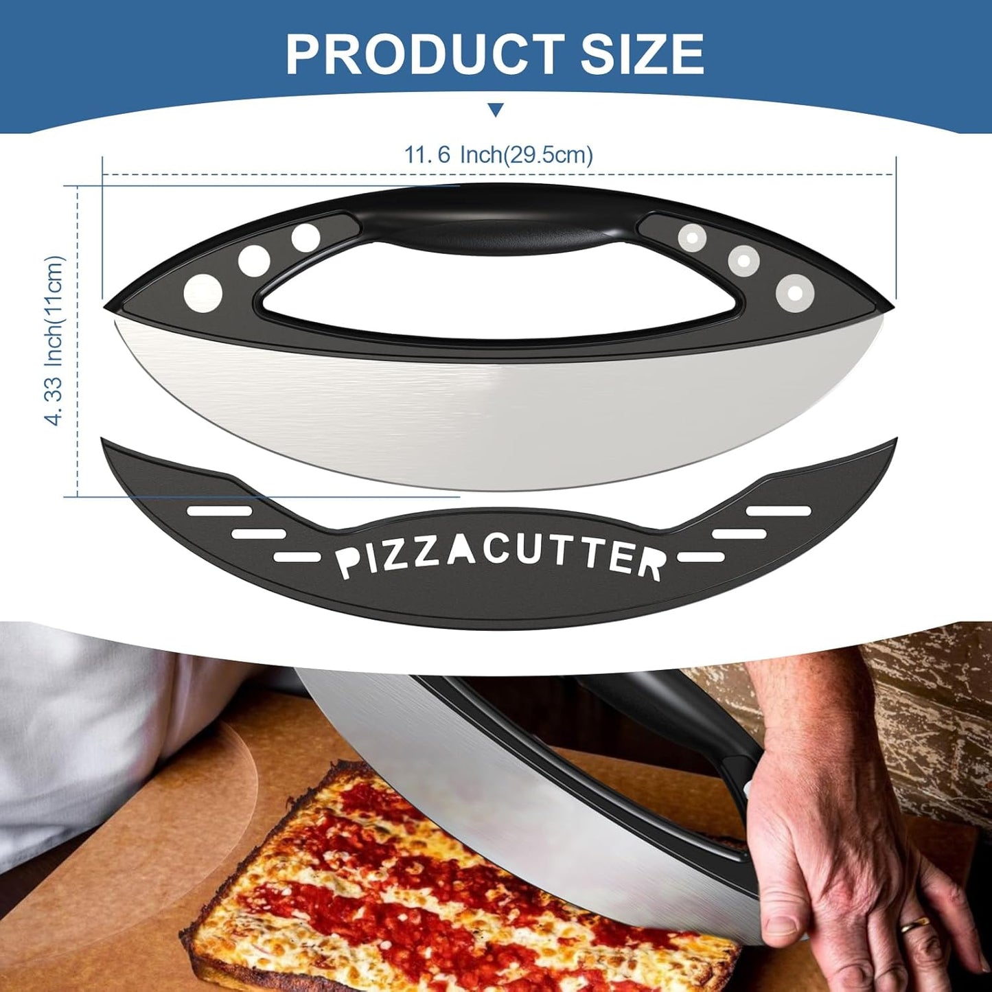 AILUROPODA 12-Inch Pizza Rocker Blade Cutter, Stainless Steel with Protective Cover, Silver