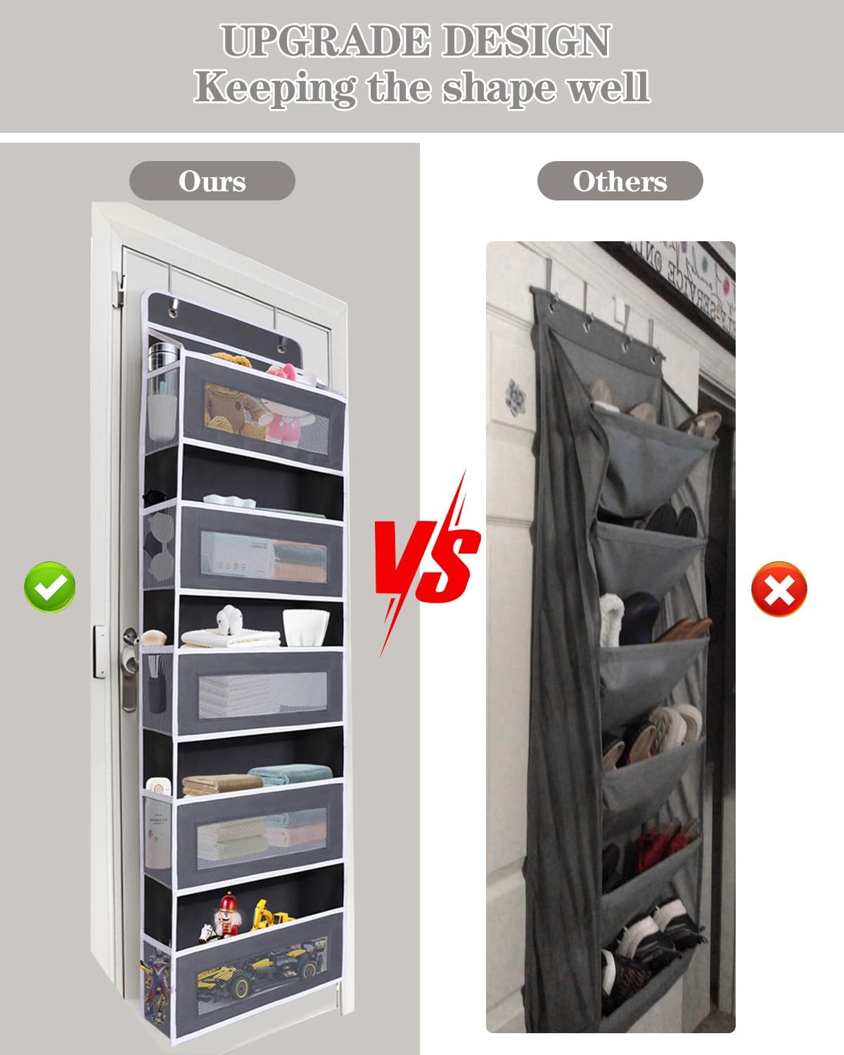 Over The Door Organizer 44LB Capacity with 5 Large Pockets & 10 Mesh Side Pockets, Clear Window Anti-Tilt Hanging Storage for Nursery, Bathroom, Pantry - Dark Grey, 1 Pack