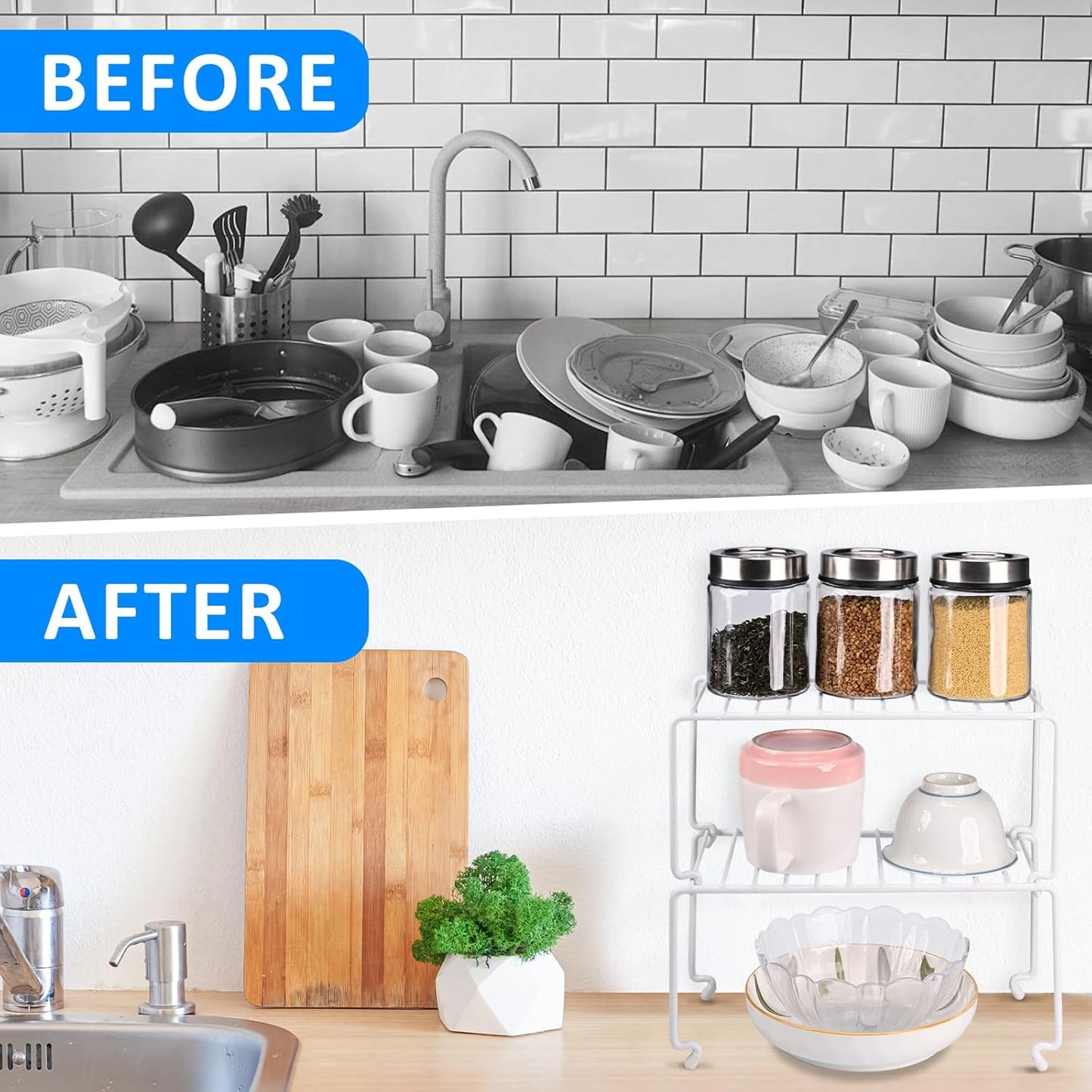 2-Pack Small (10.8x5.3inch) White Stackable Shelf Organizer Rack, Kitchen Shelves Organization for Cabinet, Pantry Organizers and Storage, Wire Shelf Rack, Desk Organizer, Rustproof