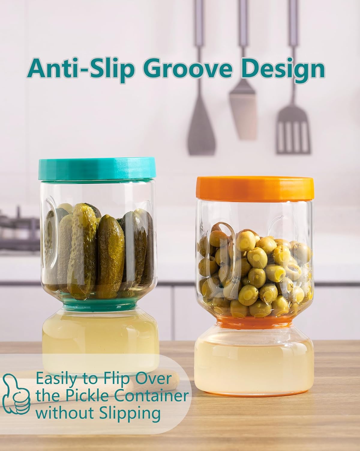 ZENS Pickle Jar with Strainer Flip, 2 Pack 51oz Pickle Container Pickle Juice Separator Hourglass Jar for Olive Keeper, Leakproof Pickle Holder Jars for Pickling Dill Sliced Storage, Gifts for Mom