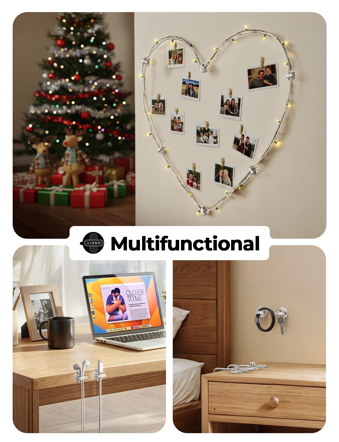 8-Pack Magnetic Cable Clips [1S Snap-On] Cord Holder, LISEN Desk Organizers and Accessories with 4 Extra Strong Adhesive Pads, Wire Organizer for Nightstand, Home, Wall, Car, Desktop,Transparent