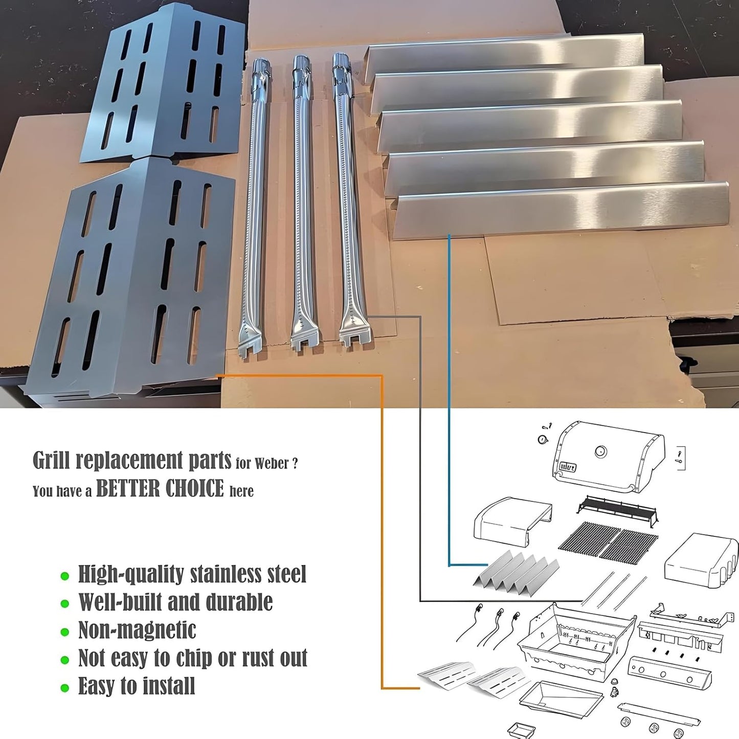 Genesis Grill Parts for Weber E310 E320 E330 EP310 EP320 EP330, 17.5” Flavorizer Bars 7620 Heat Deflector 7622 Burner Tube 62752 for Weber Genesis 300, Grill Replacement Parts for Weber Accessories