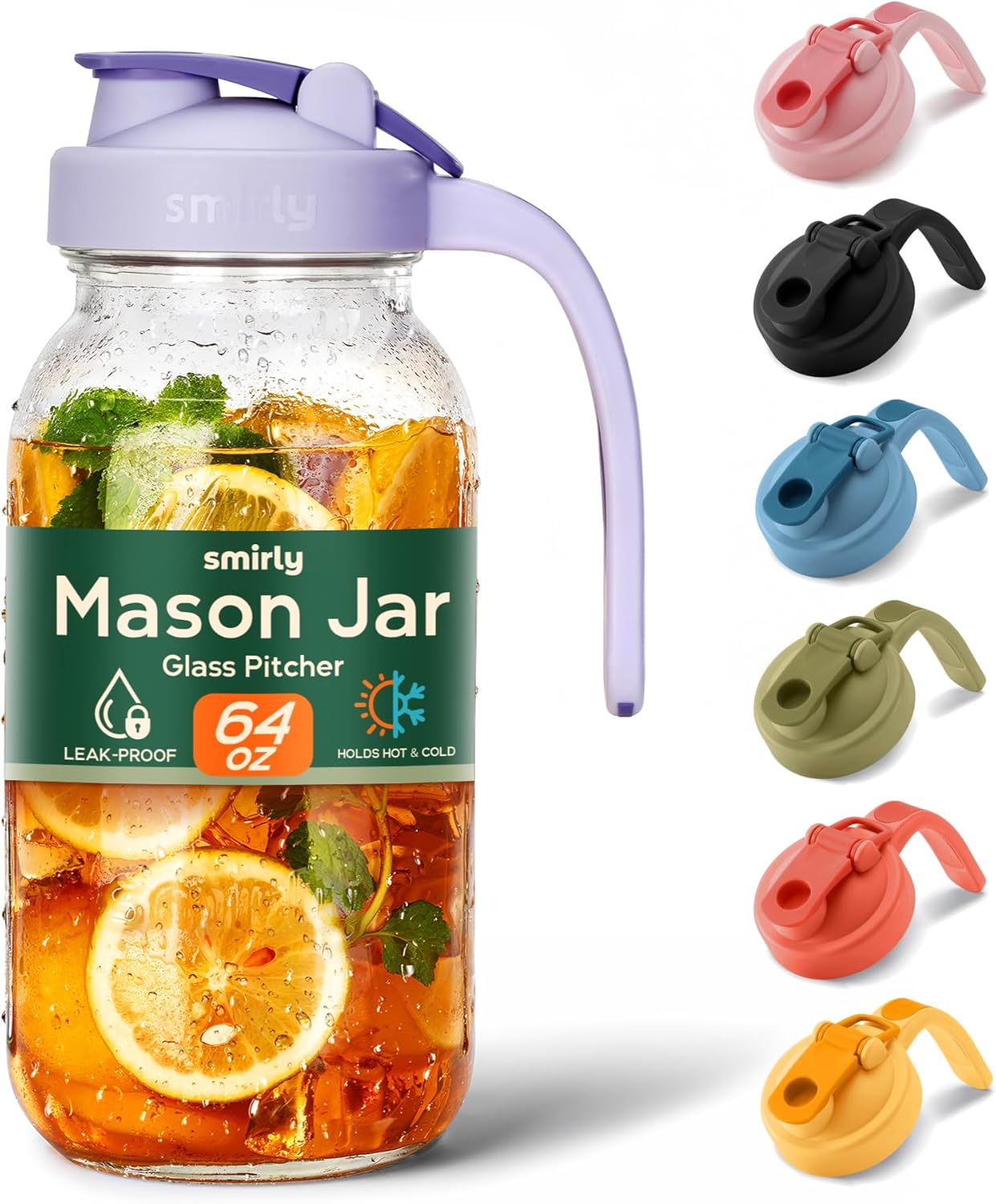 SMIRLY 64 oz Mason Jar Pitcher,Glass Pitcher with Wide Mouth,Water Jug with Double Leak Proof Lid for Iced Coffee,Hot Water,Breast Milk