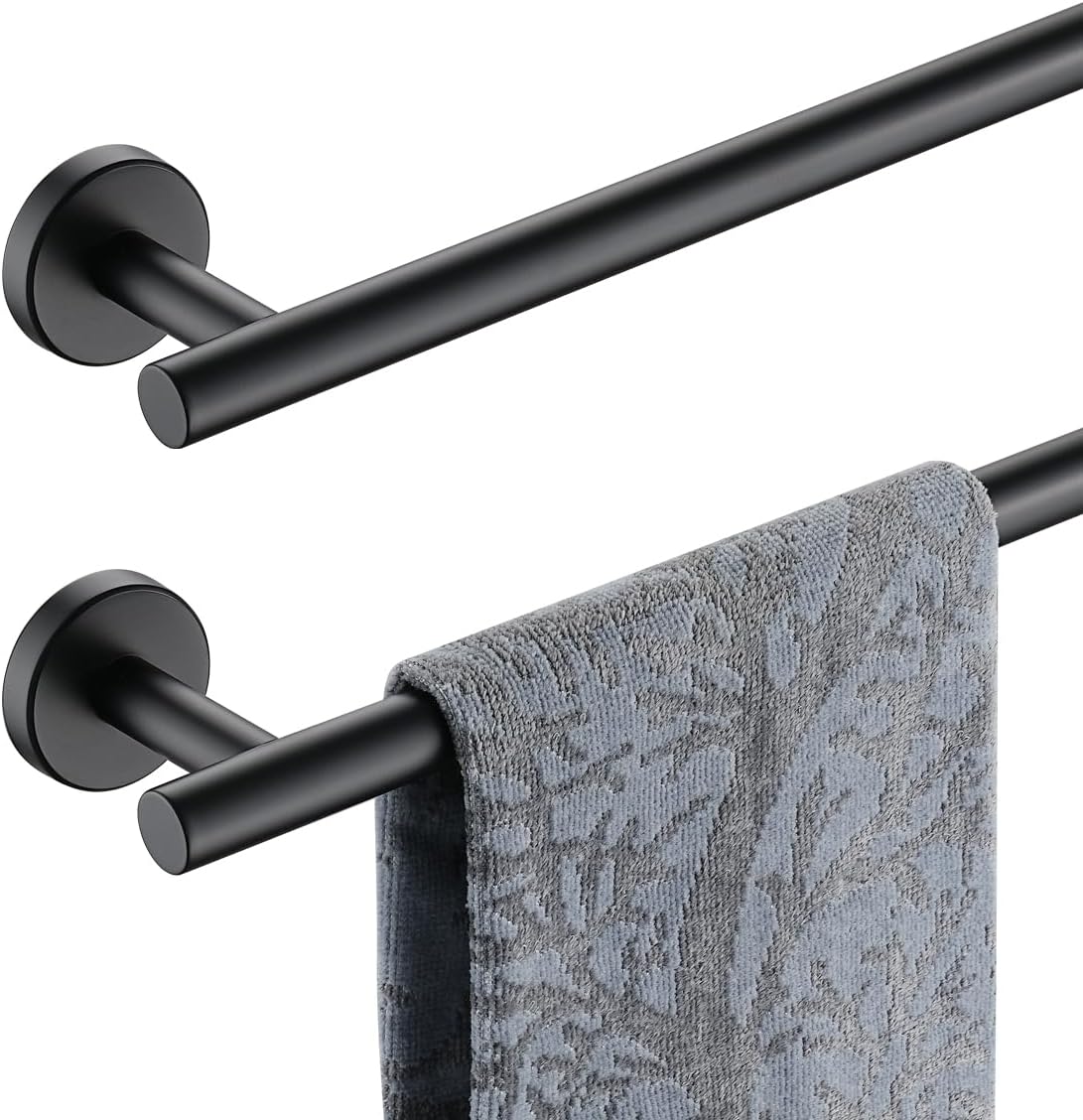 JQK Black Towel Bar, 24 Inch 304 Stainless Steel Thicken 0.8mm Towel Rack Bathroom, Towel Holder Matte Black Wall Mount, Total Length 27 Inch 2 Pack, TB110L24-PB-P2