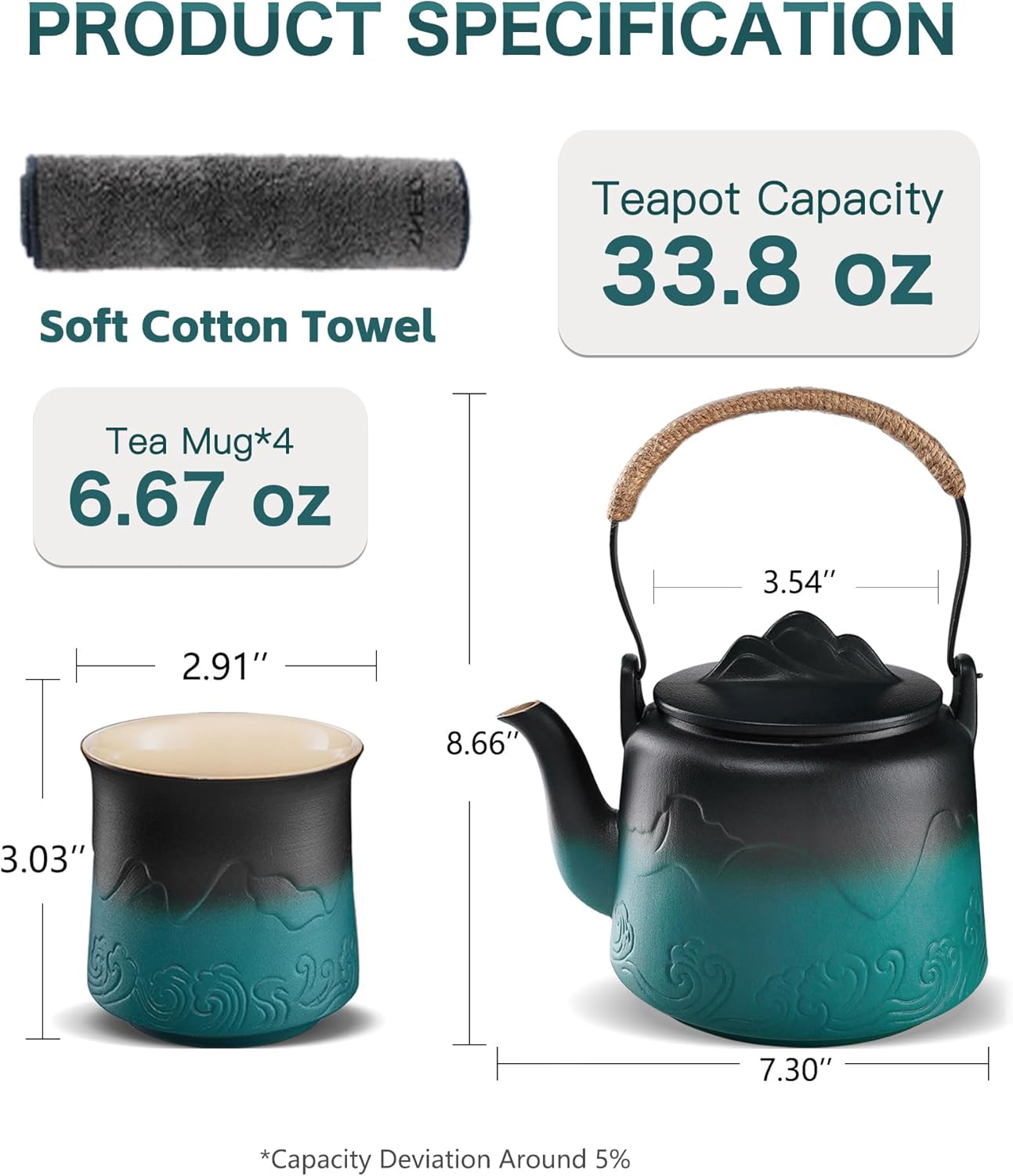 ZENS Vintage Japanese Tea Set, Gradient Embossed Ceramic Japanese Teapot with 4 Teacups, Hemp Rope Handle 33.8 oz Loose Leaf Teapot with Built-in Strainer for Tea Steeper Gifts, Black & Green