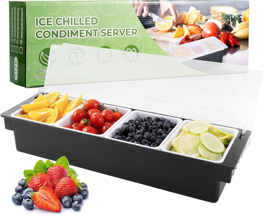 WICHEMI Condiment Container with Lid Ice Chilled Condiment Server with Ice Tray Fruit, Veggie & Condiment Caddy Plastic Garnish Station for Bartending Serving Taco, Salad Bar Container (4 Compartment)