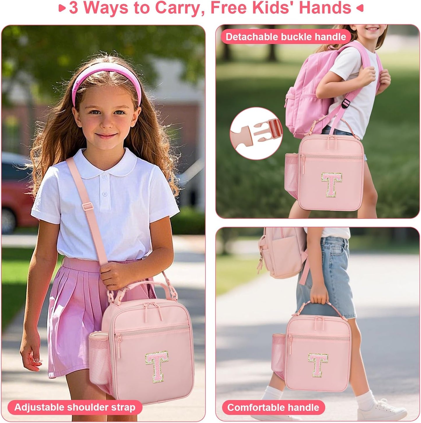 Initial Insulated Lunch Bag for Girls Kids, Back to School Gift, Reusable Leak-proof Lunch Box with Adjustable Strap for School Daycare Travel Picnic (Pink,T)