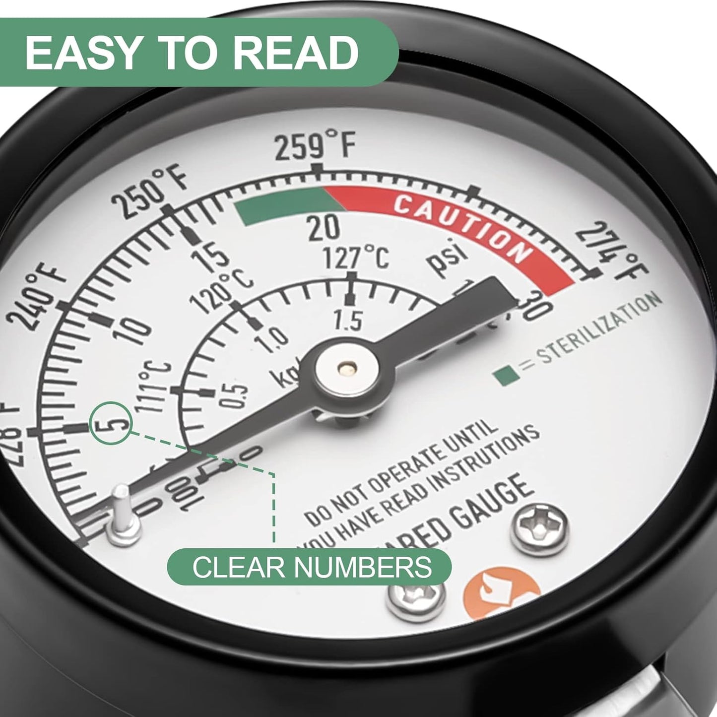 Roastove Black case Pressure Cooker Gauge, Pressure Canner Gauge, Steam Pressure Gauge, 2" Dial, Lower Mount, Including Gasket, Nut