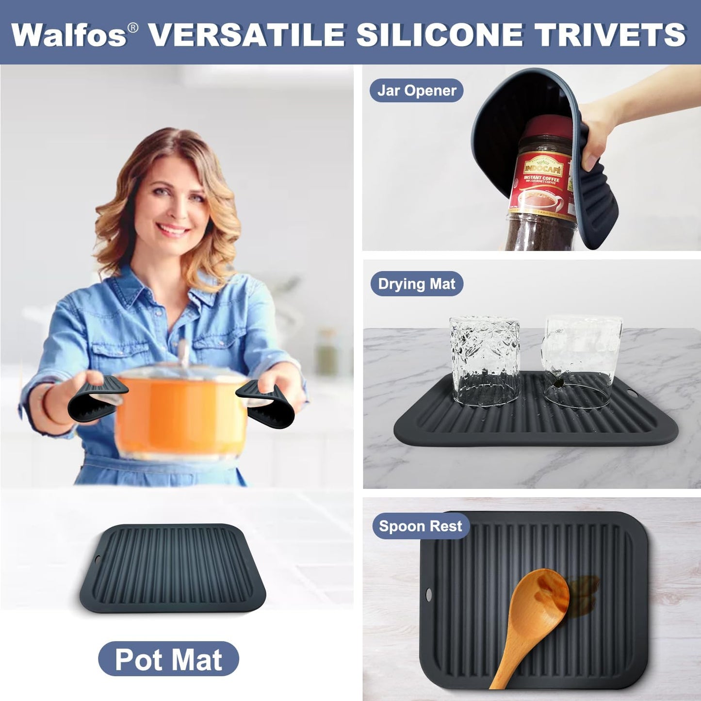 Walfos Silicone Trivets for Hot Pots and Pans - 446°F Heat Resistant Hot Pads for Kitchen Counter- 4 Pcs Multi-Purpose & Versatile Trivet Mat - Long-Lasting & Flexible Silicone Hot Pad（Black）