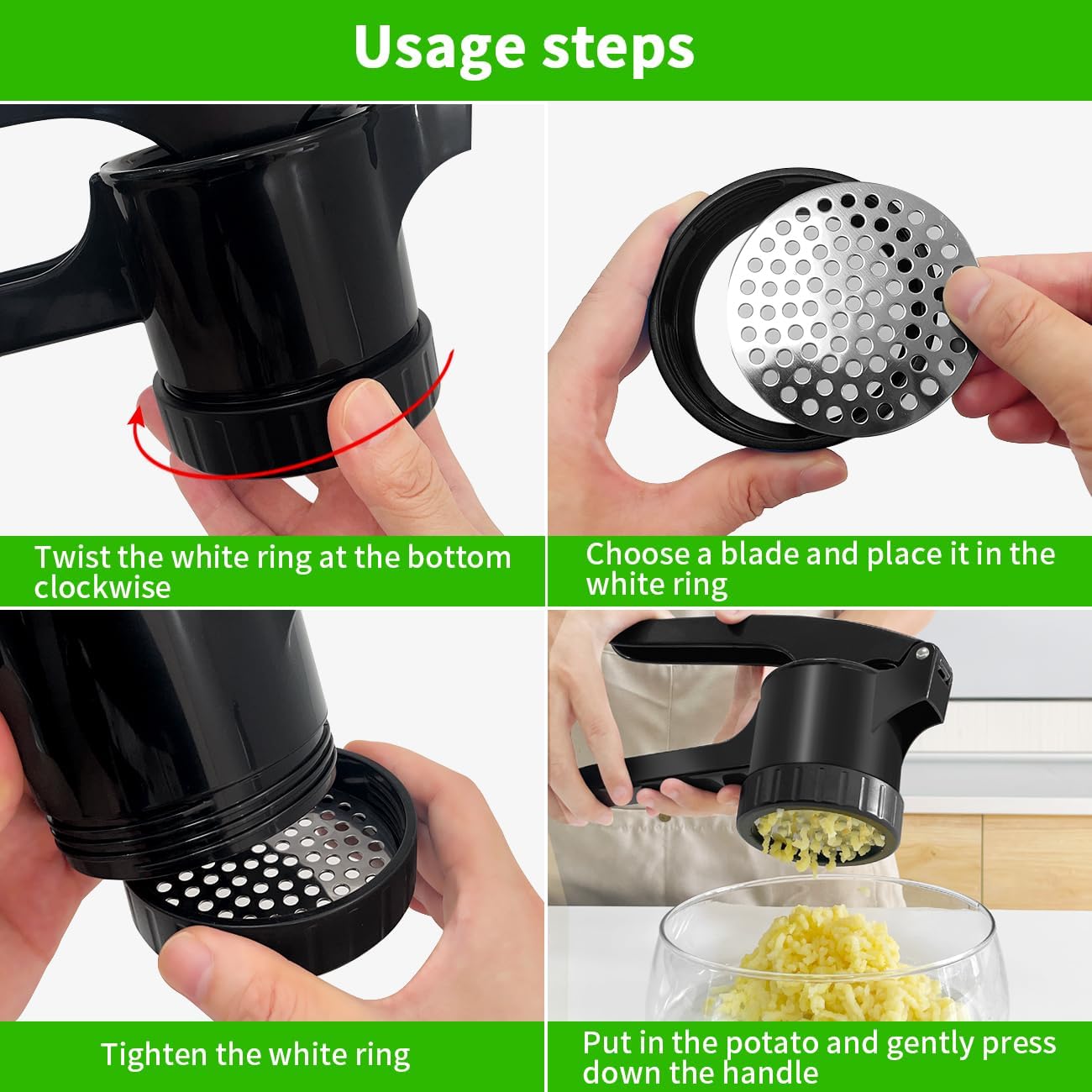 LHS Potato Ricer, Potato Masher for Potatoes with 3 Interchangeable Discs, Large Capacity Potato Masher and Ricer Kitchen Tool for Fruit, Vegetables, Baby Food, Black