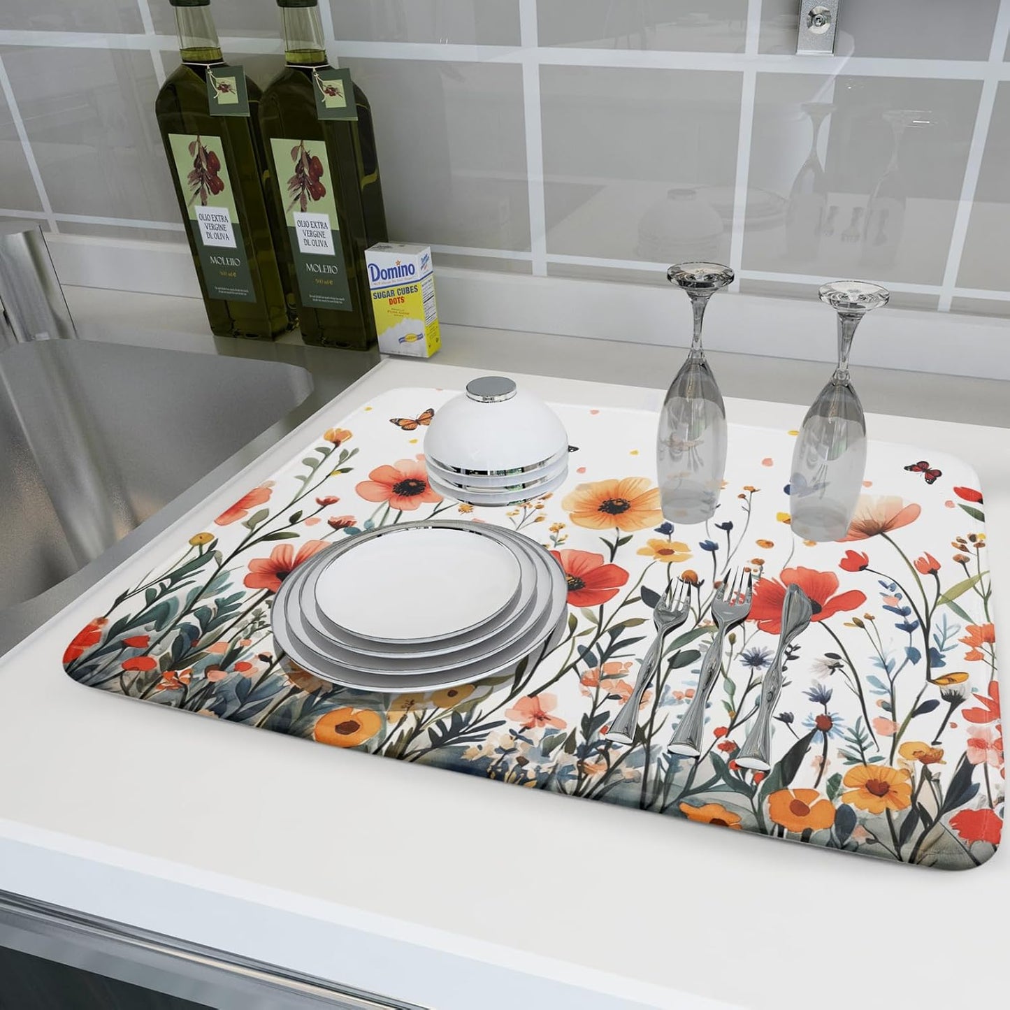 Poppy Flower Dish Drying Mat 18x24 Inch Floral Leaves Dish Drainer Protector Pad Washable Reversible Drying Pad for Kitchen Counter Sink