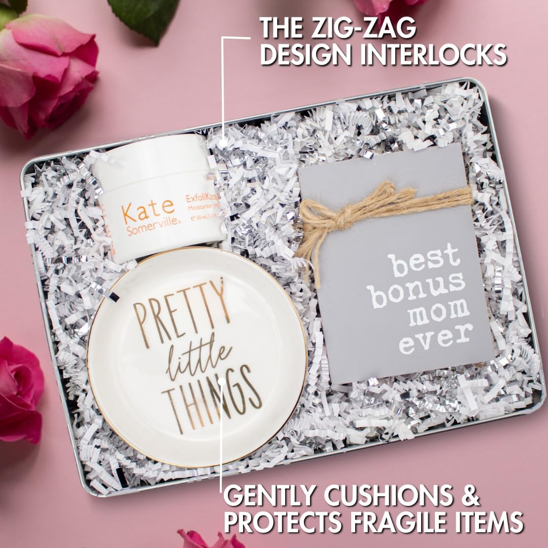 MagicWater Crinkle Cut Paper for Gift Baskets - 2LB - White & Silver - Perfect for Shredded Paper Filler, Basket Filler, Gift Boxes, Bridesmaid Gifts, Halloween Stuffers & More – for All Occasions