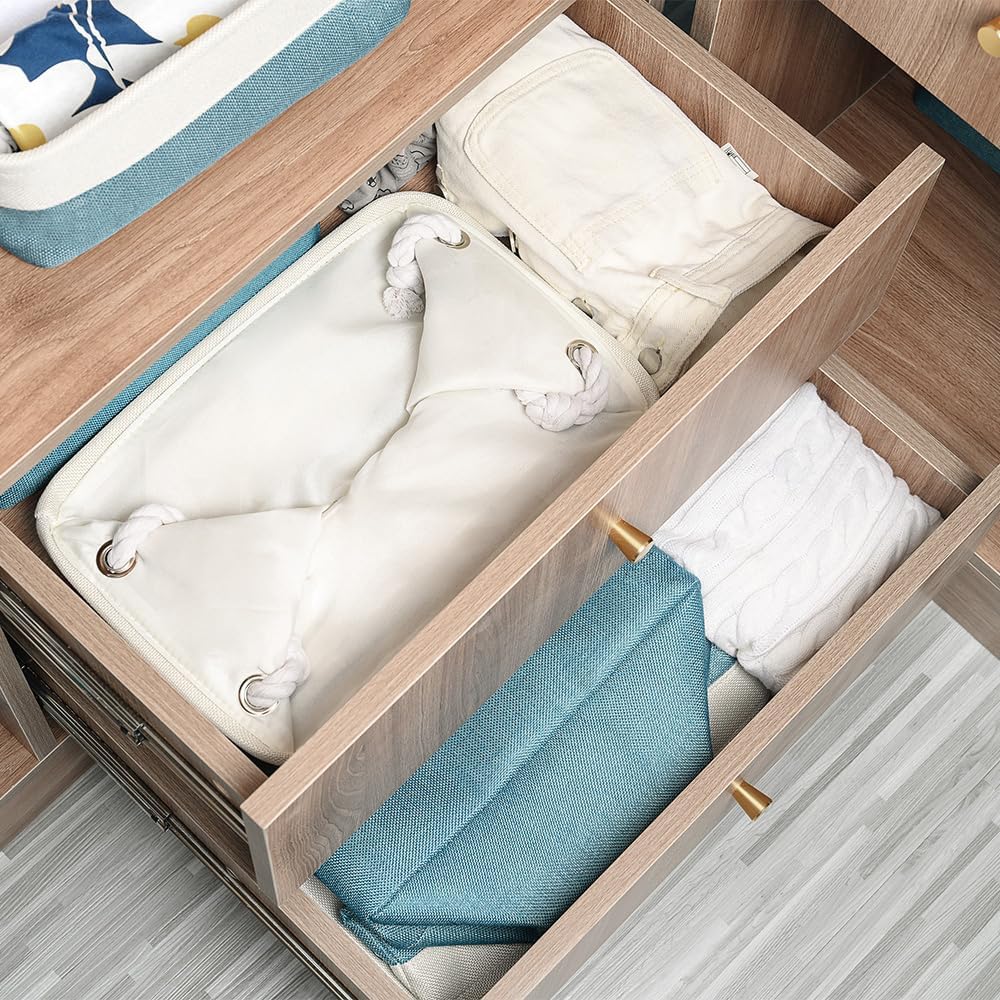 TheWarmHome Fabric Storage Bins Baskets for Organizing,Sturdy Storage Basket W/Handles, Decorative Foldable Storage Baskets for Shelves Closet Nursery Toy (White&Teal, Medium - 3 Pack)