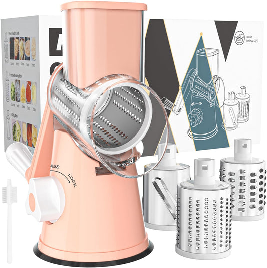 Cambom Rotary Cheese Grater Hand Crank Cheese Shredder for Fresh Cheese, Vegetable, Nuts,Non-slip Suction Base, Free Cleaning Brush Three Blades, Pink
