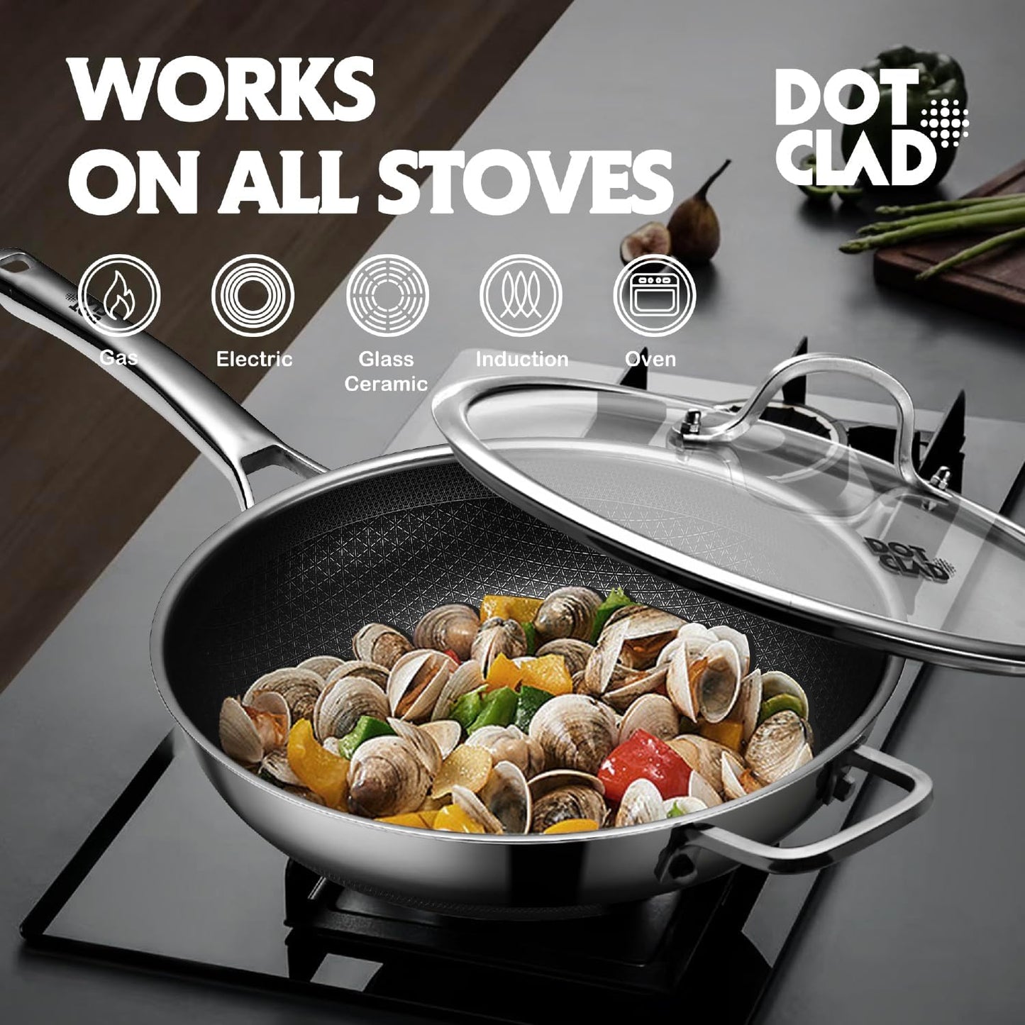 Wok pan,Hybrid 12 inch Wok with Lid, PFOA Free Cookware,non stick Stainless Steel Woks & Stir-fry pans Nonstick, Dishwasher and Oven Safe, Works on Induction