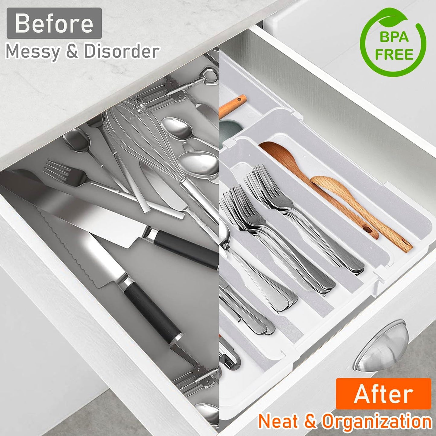 Adjustable Kitchen Utensil Organizer Plastic Silverware Drawer Organizer, Expandable Cutlery Drawer Organizer BPA Free Flatware Tray for Spoons Forks Knives Organizers Divider, White
