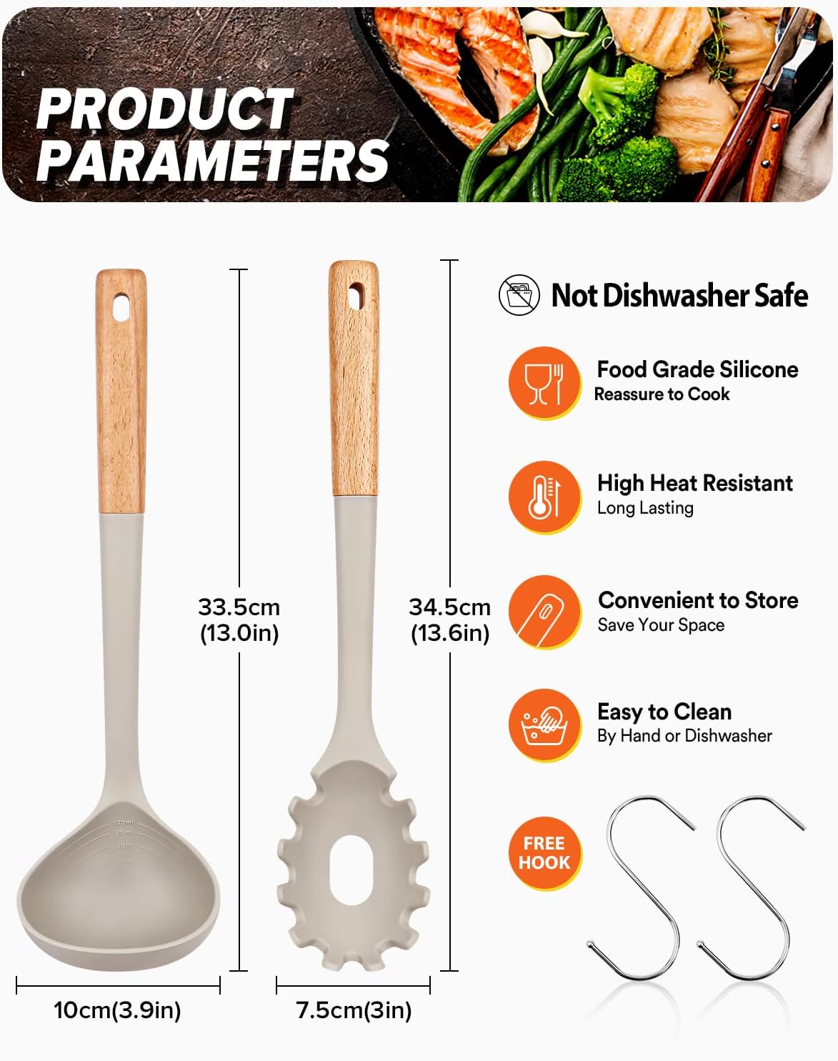 Pasta Fork and Ladle Set, Perfect for Serving Hot Soup, Stirring, and Sauce Pasta, BPA-Free Matte Silicone, Wood Handle Spaghetti Spoon for Nonstick Cooking Surfaces (Khaki)