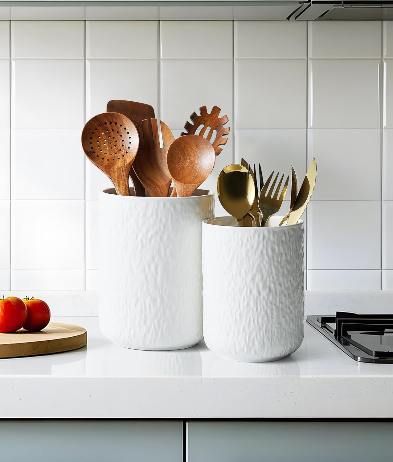 Set of 2 Utensil Holder, 7"+5" Ceramic Kitchen Utensil Holder for Countertop, Large Cooking Utensil Crocks for Counter, Morden Utensil Organizer for Spatula, Kitchen Decor (White)