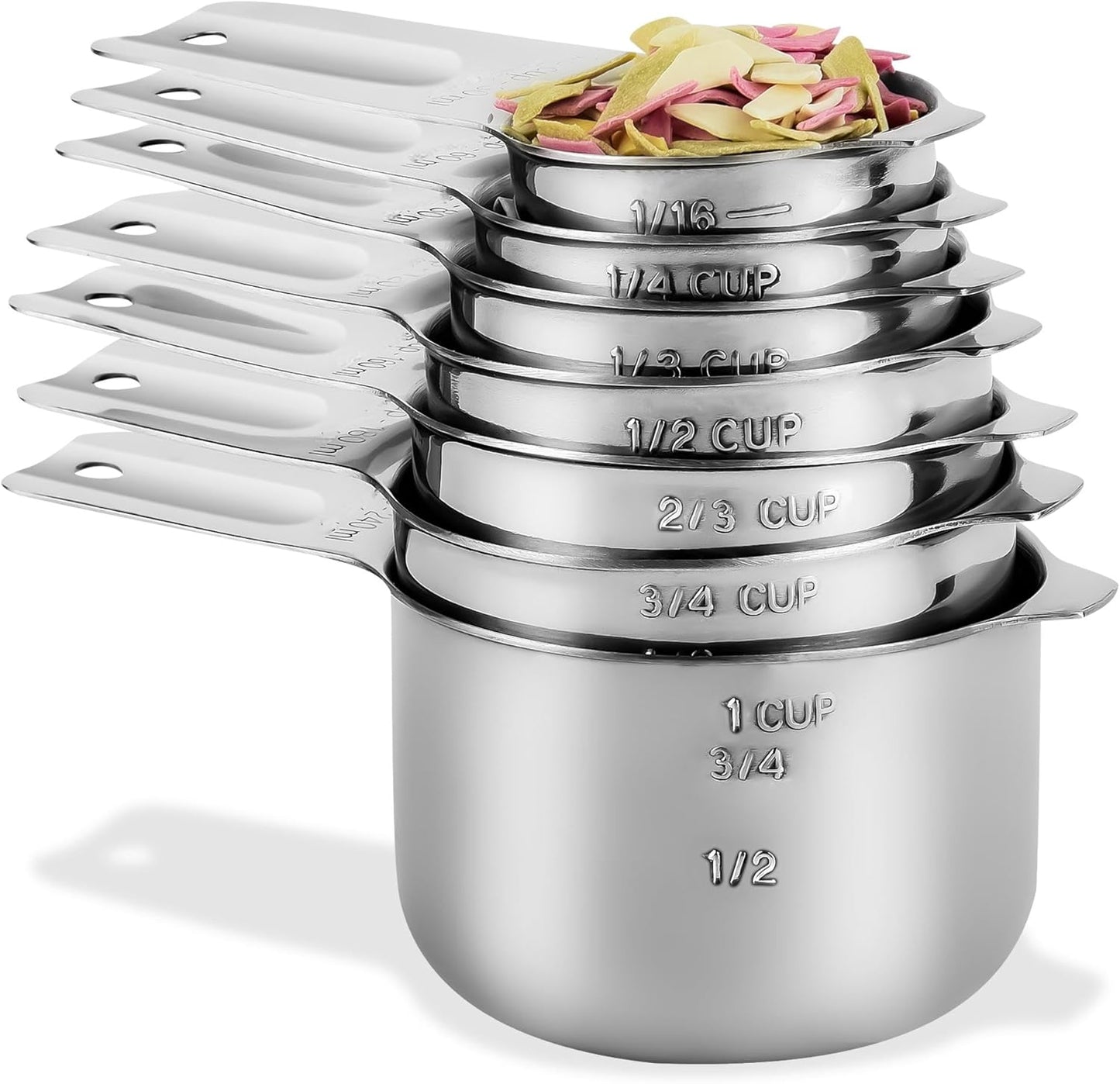 Measuring Cups Set, 7-Piece 18/8 Stainless Steel Measuring Cups Set, Metric & US Metal Measuring Tools Set - 1/8, 1/4, 1/3, 1/2, 2/3, 3/4&1 Measure Cup for Dry&Liquid Ingredients During Baking