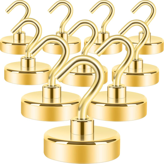Neosmuk Magnetic Hooks Heavy Duty,Strong Magnet with Hook for Fridge, Super Neodymium Extra Strength Industrial Hooks for Hanging, Magnetic Hanger for Toolbox, Cruise, Grill(Golden,10 Pack)