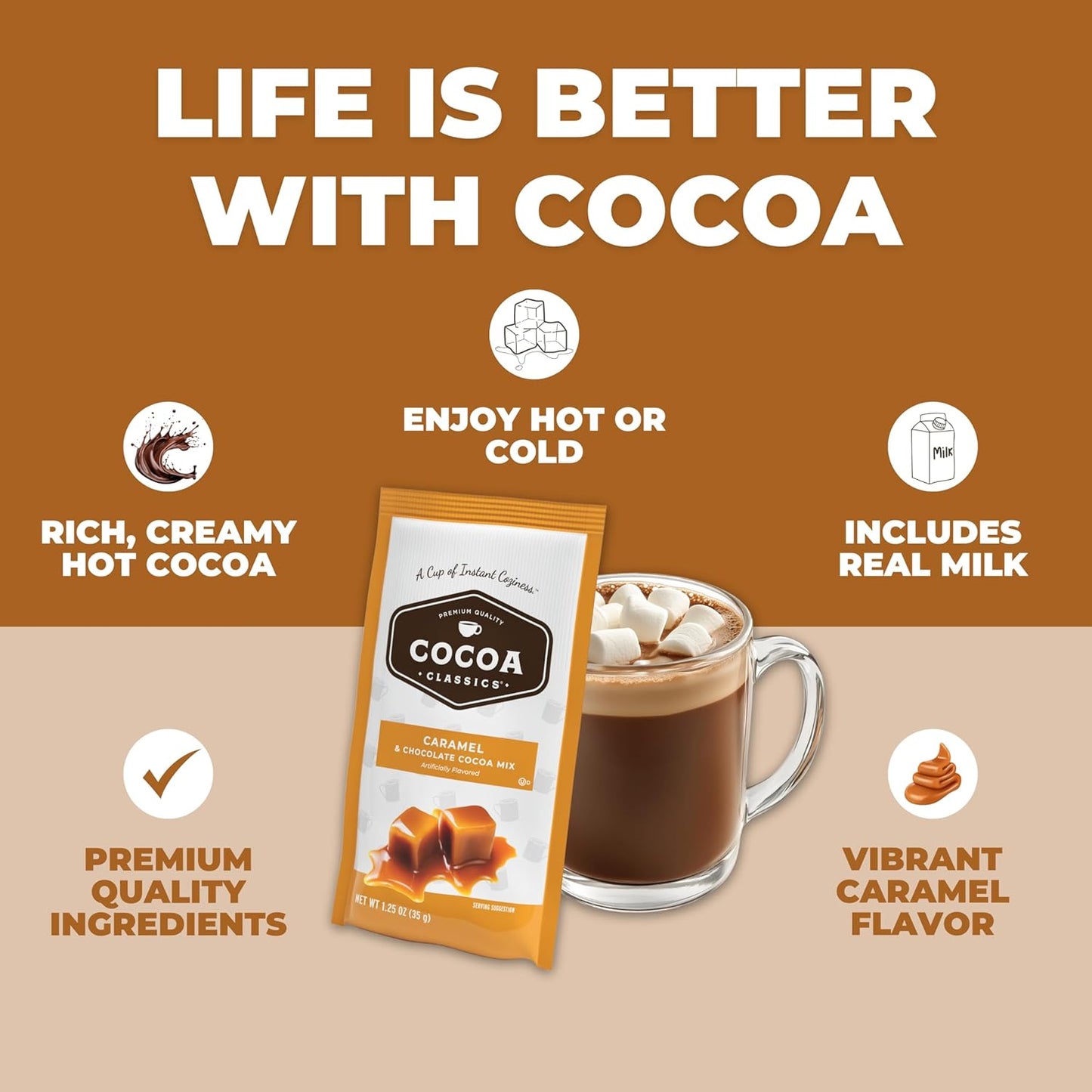 Cocoa Classics Caramel Cocoa Mix Hot Chocolate Made with Nonfat Milk Just Add Hot Water Make Hot or Iced Cocoa Gluten Free & Kosher Dairy Friendly 1.25oz Packets (Pack of 36)