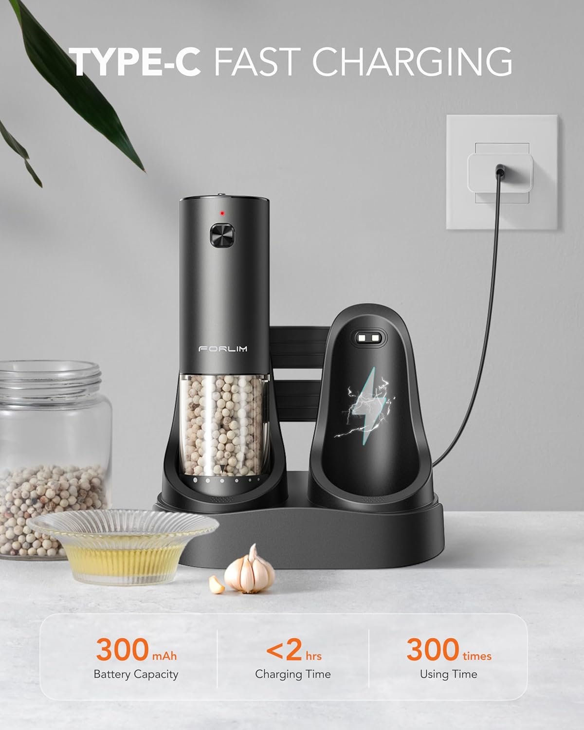 FORLIM 2-Speed Electric Salt And Pepper Grinder Set, External Rotation To Adjust Coarseness, Electric Salt and Pepper Shaker With Charing Base, One-Button Automatic Grinding, Washable Container