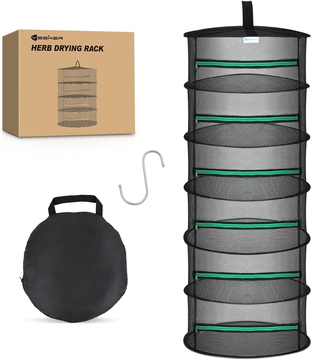 Yesker 6 Layer Herb Drying Rack Hanging Mesh Net Foldable Plant Drying Racks 24" Diameter with Green Zipper & Hook Dryer Hanging Rack for Herbs Seed Bud Fruit Clothes Grow Tent Closets Garden Outdoor